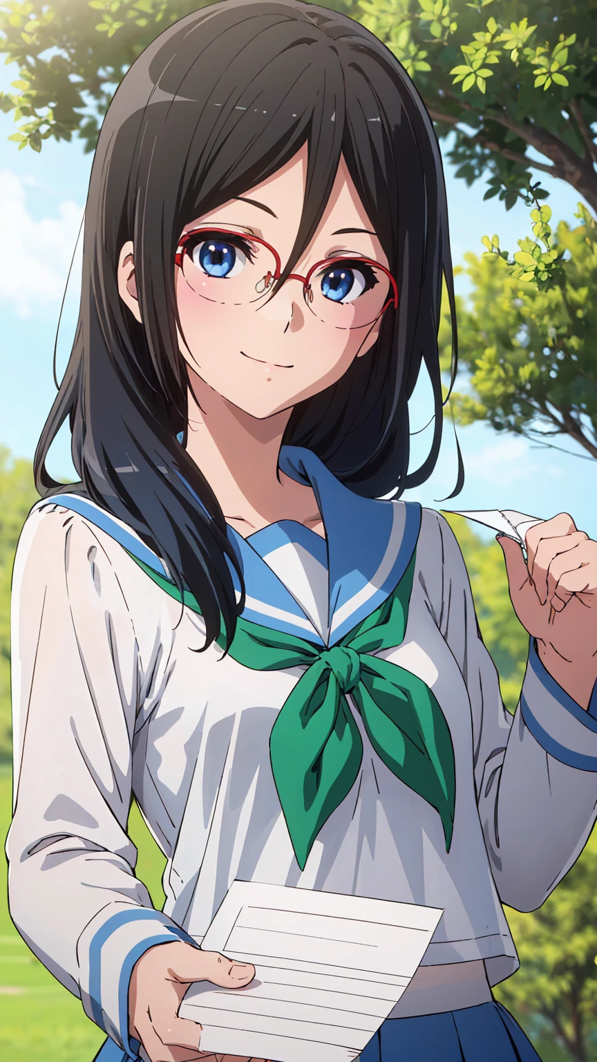 solo, 1girl, looking at viewer, sketch, flat colors, 2D, anime, anime coloring, upper body,  asuka tanaka, kitauji high , serafuku, blue sailor collar, green neckerchief, looking at viewer, smile upper body garden (holding a blank paper viewing it to the viewer: 1.5) 