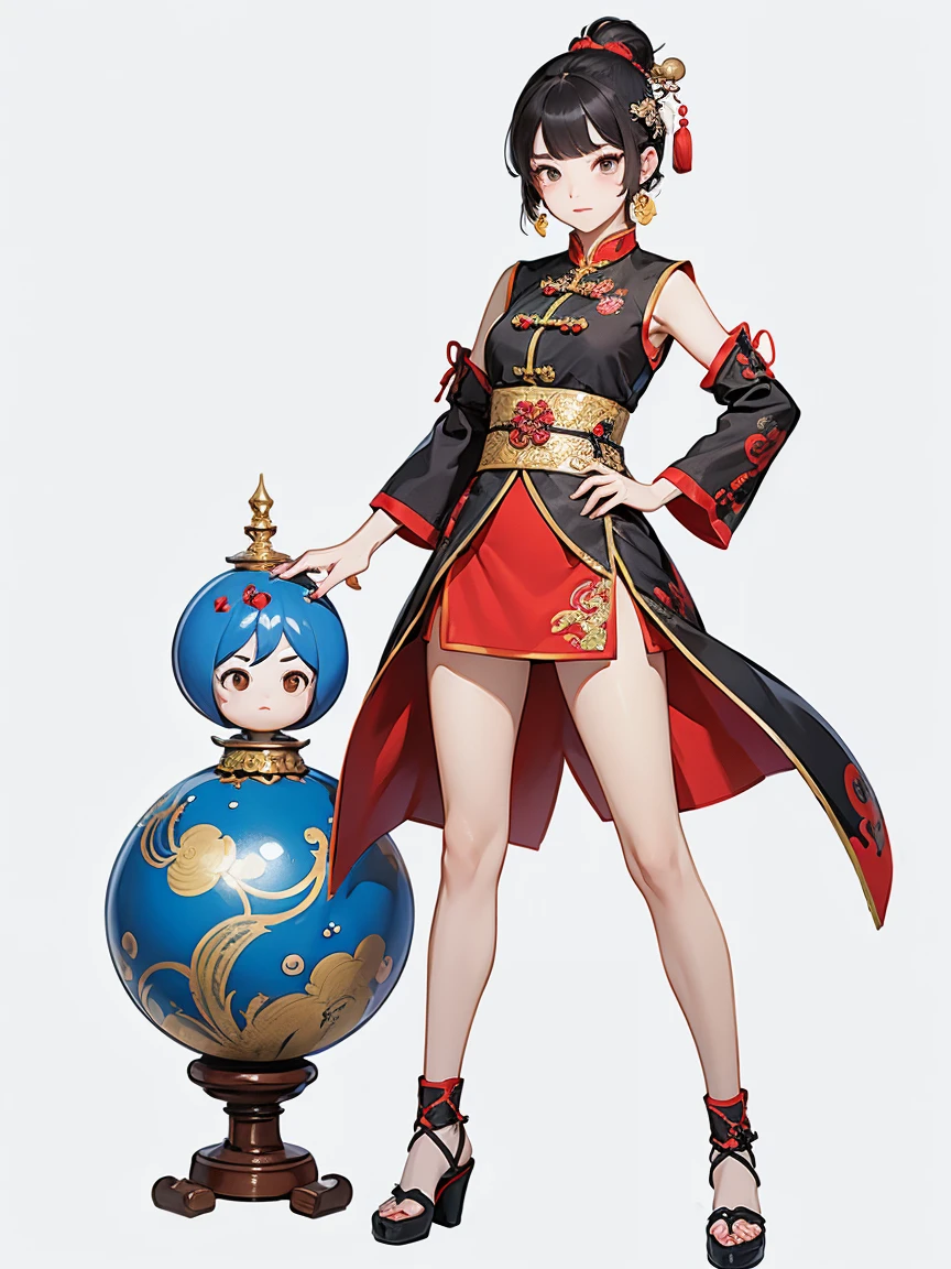 Costume,Chinese Tang Dynasty women,Short skirt,Standing,Show your arms,Show your thighs,Embroidered shoes,Ball head hairstyle,whole body,Blank Background