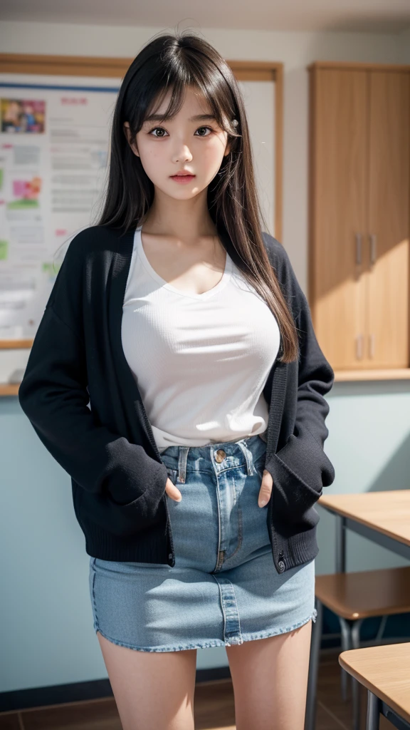 UHD, retina, masterpiece, accurate, super detail, high quality, highres, 4K,1girl, 10 years old, ((cute face)),japanese face,((detile texture face)),((perfect eyes)), solo, halo, long hair, huge breasts, black skirt, blue cardigan, hands in pockets, sexy shirt, classroom, indoors, blush