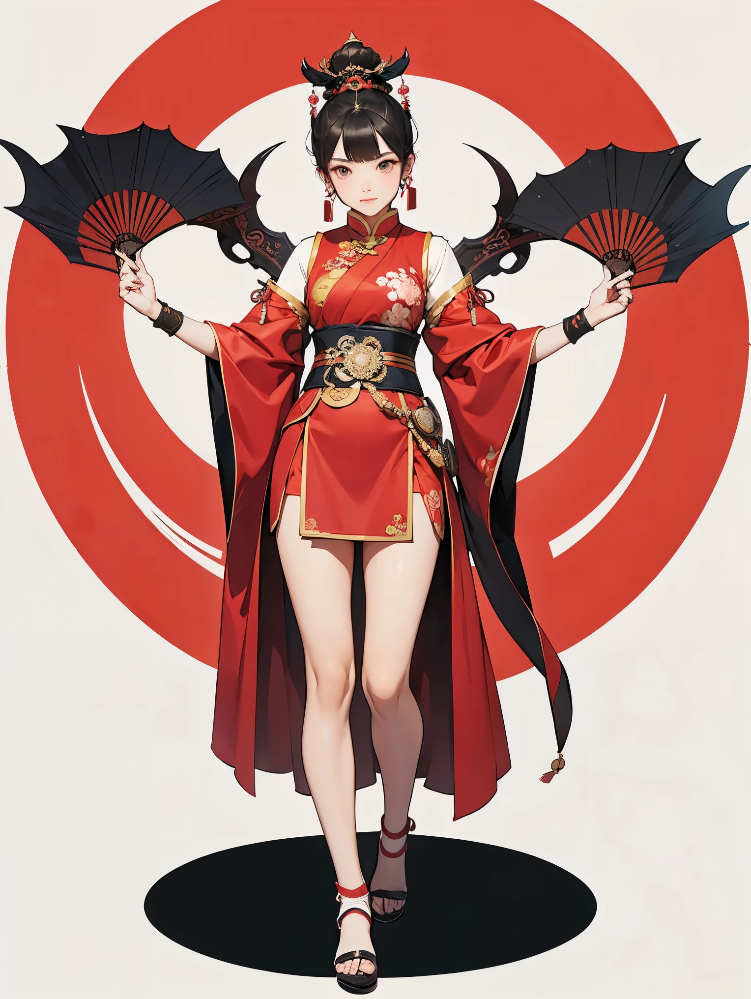 Costume,Chinese Tang Dynasty women,Short skirt,Standing,Show your shoulders,Show your arms,Show your thighs,Embroidered shoes,Ball head hairstyle,whole body,Blank Background