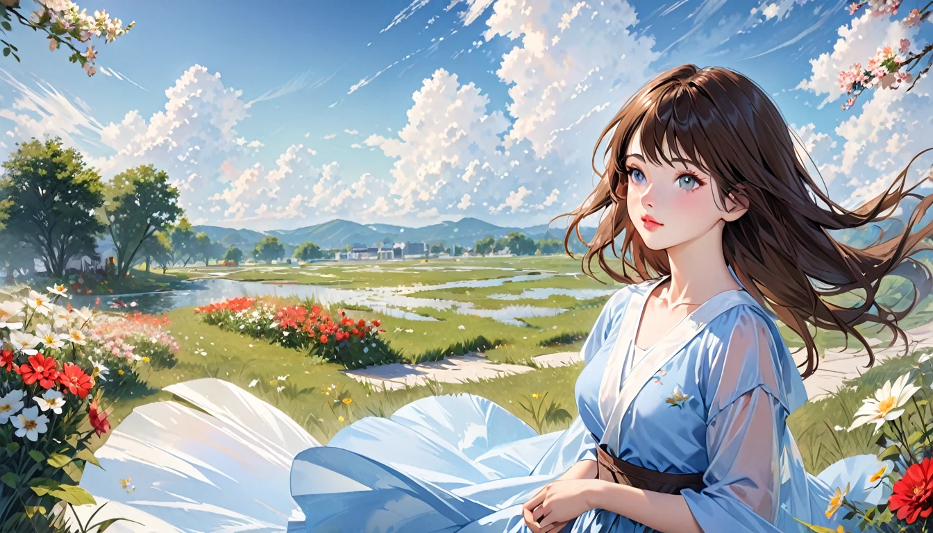 1 girl, Looking at the audience, Realistic, Long hair, Long hair blown by the wind, Solo, Flowers, sky, sky, En plein air, Short hair, Brown long hair, Science fiction, bblurry, Grass, Realism, Clouds, Blue sky, chest, Lips, Transparent, Transparent, Transparent,