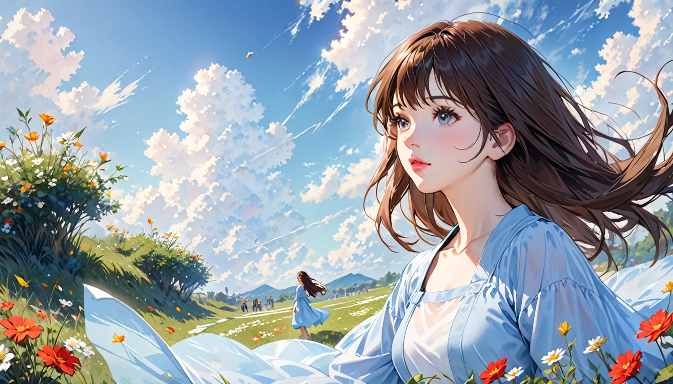 1 girl, Looking at the audience, Realistic, Long hair, Long hair blown by the wind, Solo, Flowers, sky, sky, En plein air, Short hair, Brown long hair, Science fiction, bblurry, Grass, Realism, Clouds, Blue sky, chest, Lips, Transparent, Transparent, Transparent,