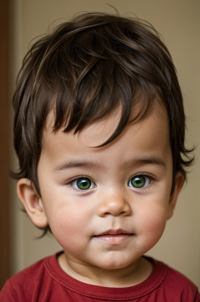 A two yeard old toddler boy, with tan skin, brown hair, red cheeks, and green eyes