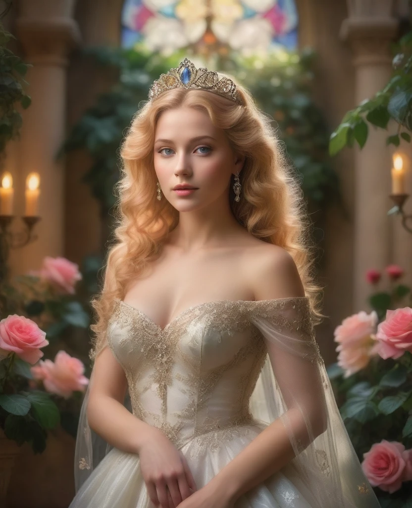 A beautiful princess resting in a blissful, dreamy state, her detailed eyes and lips captivating, flowing gown draped gracefully, golden hair cascading down, sparkling tiara upon her head, strawberry blonde curls framing her face, set within a royal palace, soft sunlight filtering through stained glass windows, exquisite chandelier lighting casting a romantic atmosphere, vibrant colors abound in the lush Mediterranean garden, fragrant flowers in full bloom, a fountain with dancing water, a whispering breeze carrying the faint sound of birds, whimsical butterflies fluttering around, lush greenery and an ivy-covered trellis, endless rows of blooming roses, the irresistible presence of Prince Charming, anticipating love and happiness, (best quality, 4k, 8k, highres, masterpiece:1.2), ultra-detailed, (realistic, photorealistic, photo-realistic:1.37), romantic portrait style, soft pastel color palette, dreamy lighting, ethereal ambiance