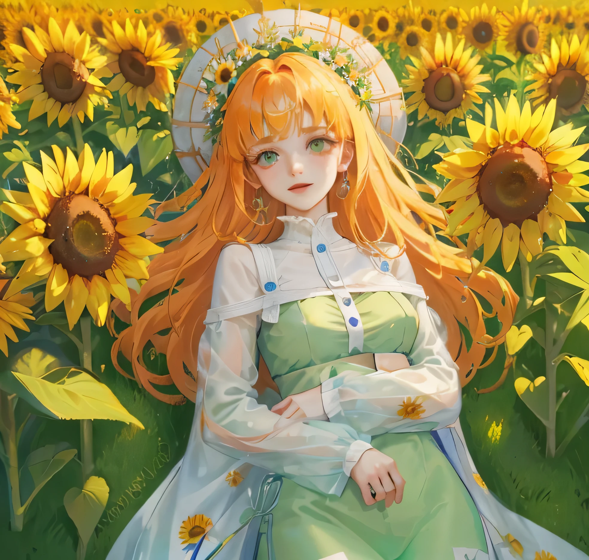 (high quality) (best quality) (a woman) (correct physiognomy) Woman, orange hair with bangs on her forehead, Flower crown on her head, green eyes, tender lips, middle age, olive green summer dress with print of flowers, location of the photo, the woman must be in the middle of a field of sunflowers, lighting of the photo: sunlight, proportion from head to hips..