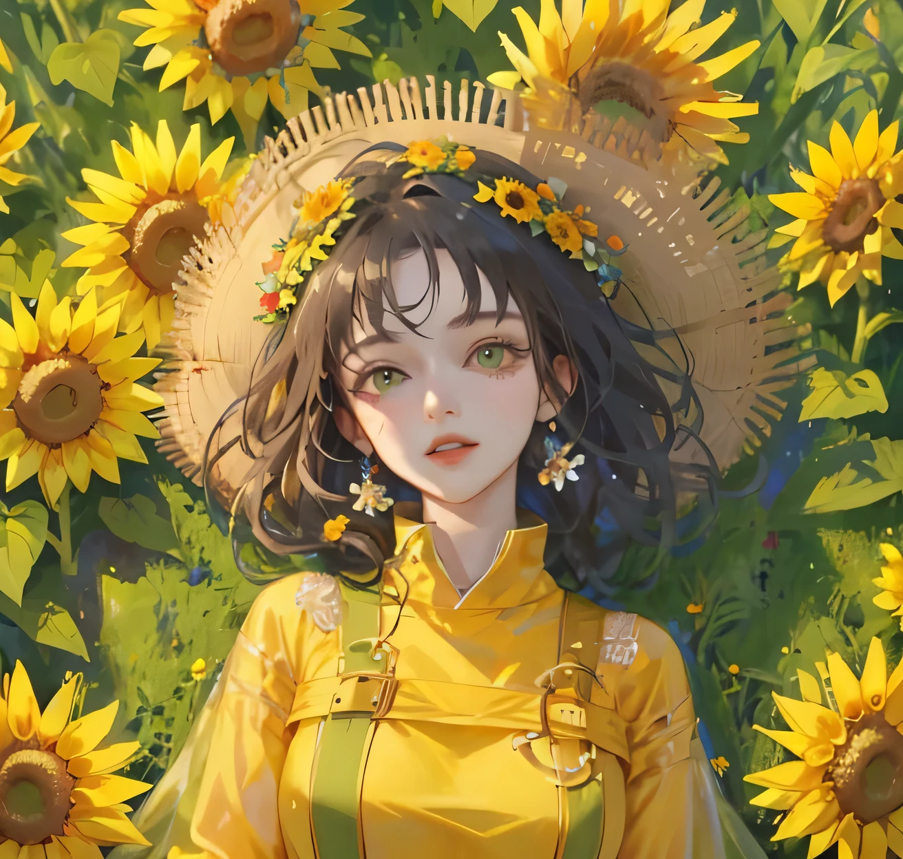 (high quality) (best quality) (a woman) (correct physiognomy) Woman, orange hair with bangs on her forehead, Flower crown on her head, green eyes, tender lips, middle age, olive green summer dress with print of flowers, location of the photo, the woman must be in the middle of a field of sunflowers, lighting of the photo: sunlight, proportion from head to hips..