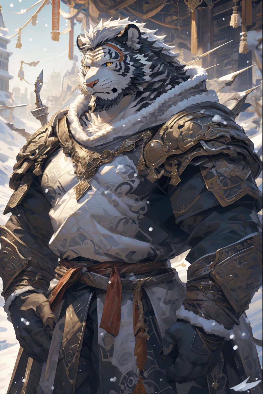 (White skintiger),(黑白阴阳Military commander战袍),(Holding a long sword),(Awesome posture:1.3),Standing quietly in,(The background is a city covered with ice and snow:1.5),(Abdominal muscles),Heroic飒爽,完美的masterpiece,Various facial details,Close-up view,specific description,masterpiece,(cg),(Golden Eyes),Black and white pattern,Black and white tail,Military commander,Heroic,tiger,Black and white fur,Detailed facial details,Half Body,(黑白阴阳Military commander战履),(Long feather),((middle aged)),(Face Focus),(16K),(HD),Black and white abdomen,temple,beard,(Face lines),(Heterochromia,),(Black and white yin and yang battle robe),(Black and white hair),(Strong:1.2),(muscle:1.3),(high resolution:1.3),(Standing in front of a city covered in snow),(Close up),(Detailed face:1.5),Perfect details,(Half Body),(Detailed depiction of the face:1.5),(Zoom in on the face:1.5),(白色Face lines:1.2),(黑色beard:1.3),(White face:1.6),(White body),(White skin,black strips:1.3),(White cheeks:1.5),(The skin color of the face is white:1.3),cg