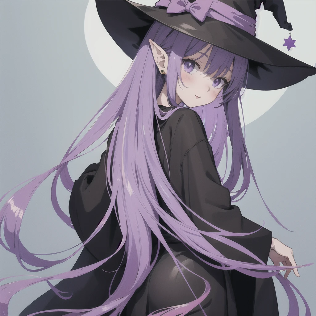 anime girl long purple hair wearing a black Robe. she has pointy ears. Witch Hat. Manga kawaii. iridescent ,An illustration, 0ne person .look back