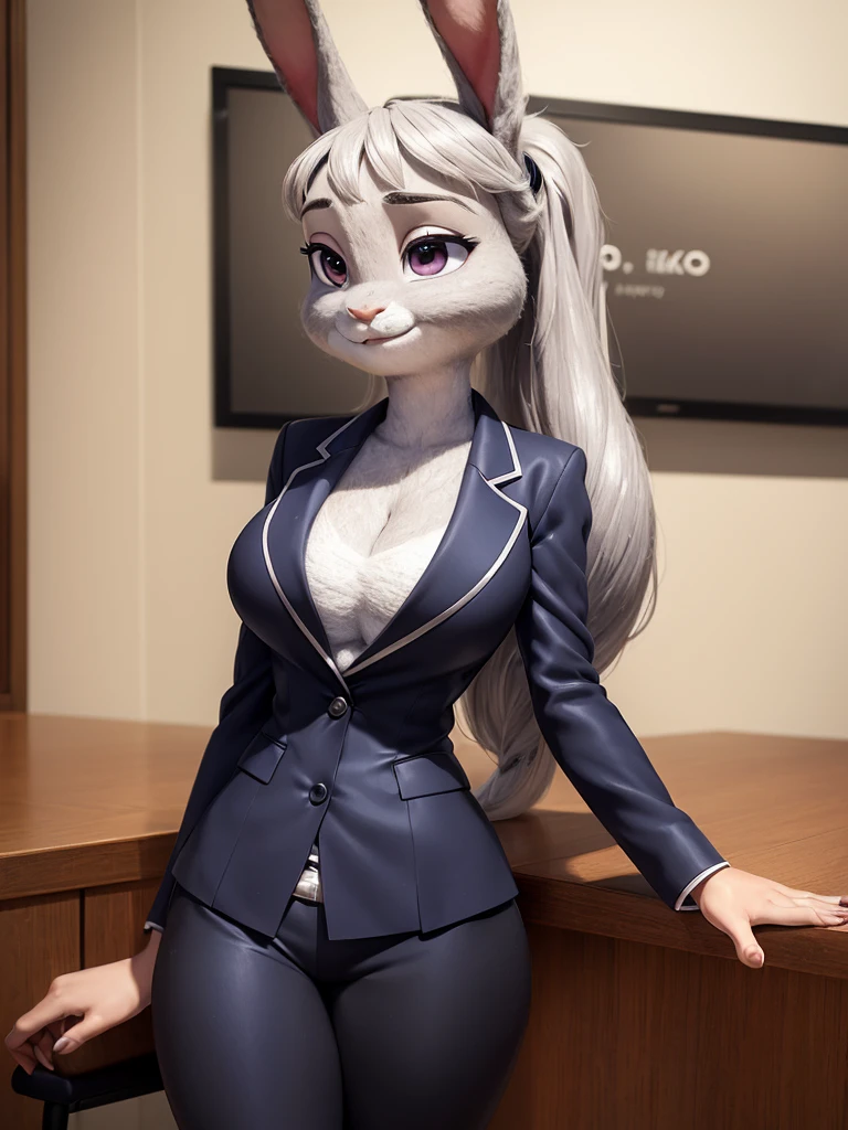 best quality, masterpiece, 3D anime, (((solo))), (((1girl))), ((Face is JudyHopps)), (long ears like a rabbit:0.8), Heir is in a black ponytail style, Body is human lady, Navy blue business suit, Tailored jacket, White blouse, Skirt, (the suit is made of wool:1.4), suit color is {gray, black, stripe}, ((skin is silver with fluffy and fluffy)), (portrait view), In the background there is a office space, Her expression shows subtle makeup with a gentle smile, Waiting with hands folded in front of oneself