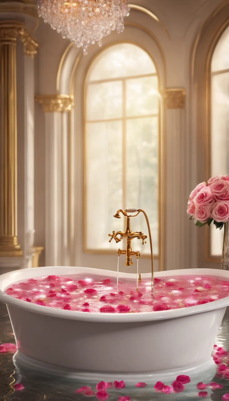 “Luxurious bath with a gold faucet pouring sparkling water, surrounded by pink roses floating in bubbly water, creating a dreamy and magical atmosphere.”