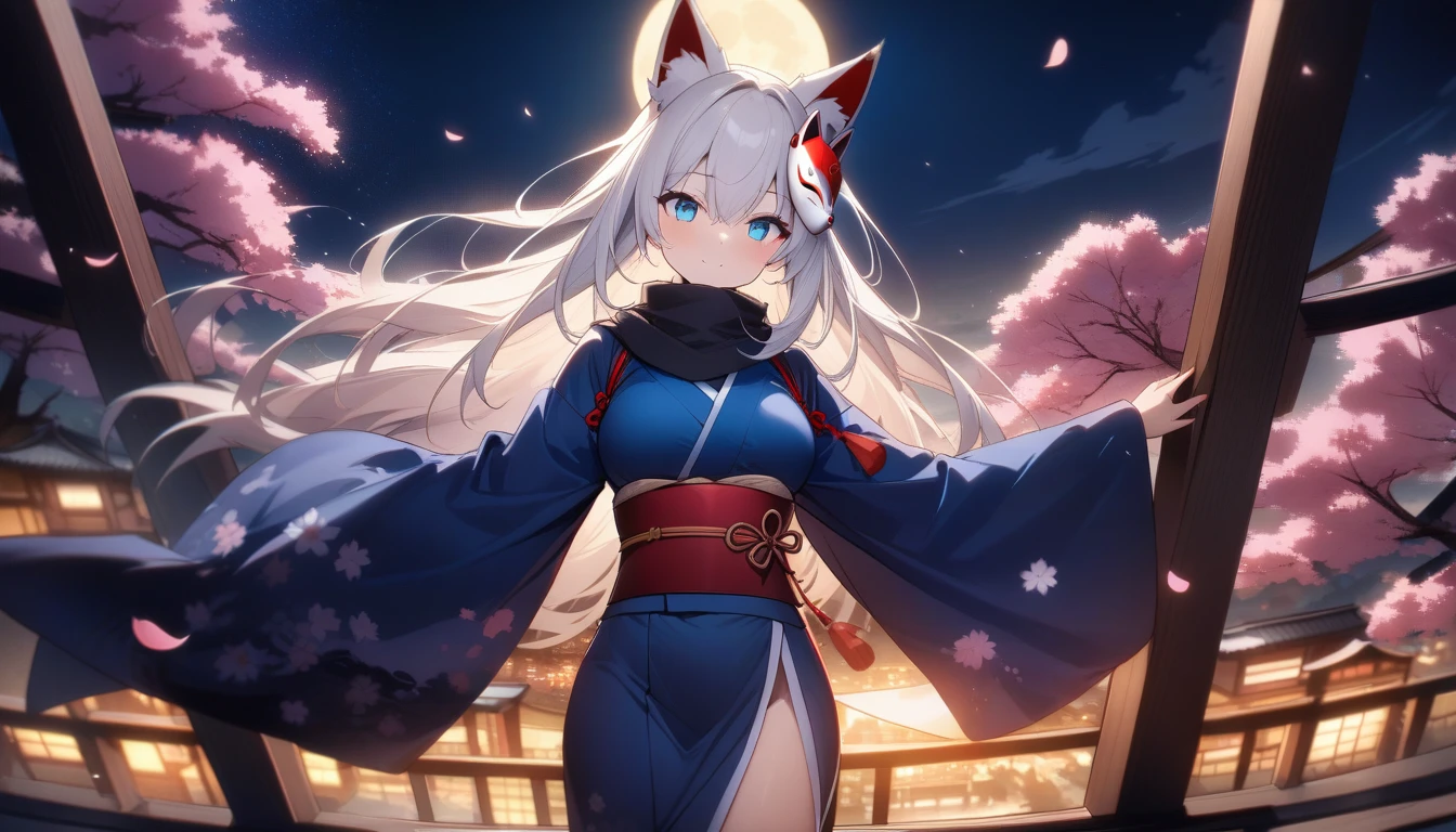 A magnificent view of the city from the treetops、(masterpiece, best quality:1.2), 1girl, 独奏,Wolf girl, fox mask, ninja, girl, long white hair, odd eyes, blue kimono, ninja girl, red and blue scarf,Dancing Cherry Blossoms,Full moon backlighting, light coming in, fantastic atmosphere.night、Shadows of light and darkness、Eyes glowing in the dark、Black fox mask、Fisheye Lens、Expansive starry sky、long hair that spreads、Overlooking the city from atop a large cherry tree、