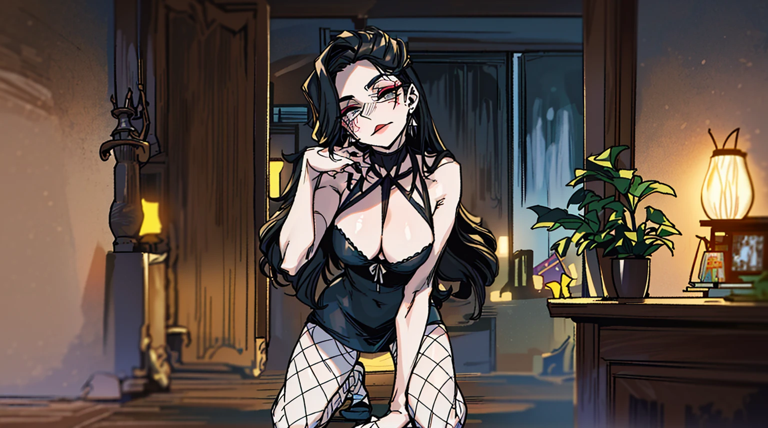 (best quality,masterpiece:1.2,detailed details,4k),A dim old apartment, a small birthday cake on an old wooden table, a modern apartment, an alarm clock on the wall, an anime scene,
A girl with modern gothic makeup, fair skin, modern clothes, black eyeshadow, a tank top, a sexy body, earrings and lip studs, fishnet stockings, posing in an attractive pose, kneeling on the wooden floor, a loving expression
Upward shot