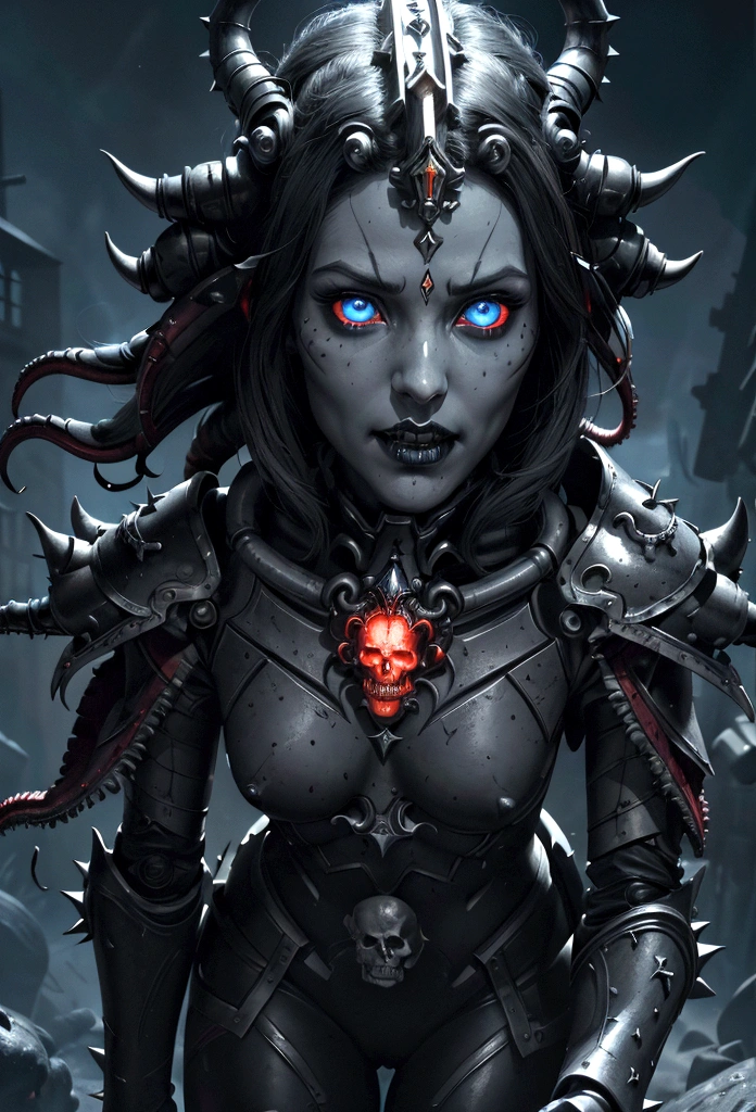 a gorgeous adepta sororitas from the movie tron, glowing skull armor, spikes, teeth, monster, dirty tentacles, pus pimples, cracked truenurgle, detailed face and eyes, beautiful lips, extremely detailed, 1girl, oil painting, concept art, dark fantasy, cinematic lighting, dramatic shadows, vibrant colors, moody atmosphere, hyper detailed, 8k, photorealistic
