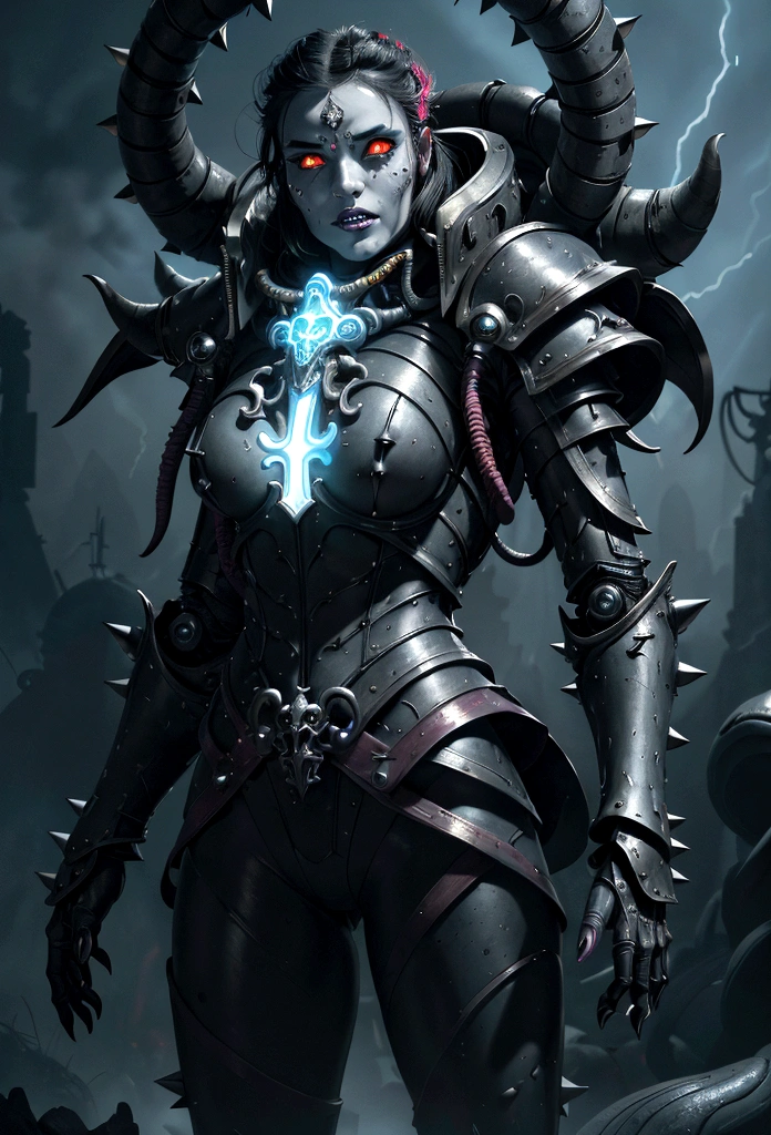 a gorgeous adepta sororitas from the movie tron, glowing skull armor, spikes, teeth, monster, dirty tentacles, pus pimples, cracked truenurgle, detailed face and eyes, beautiful lips, extremely detailed, 1girl, oil painting, concept art, dark fantasy, cinematic lighting, dramatic shadows, vibrant colors, moody atmosphere, hyper detailed, 8k, photorealistic
