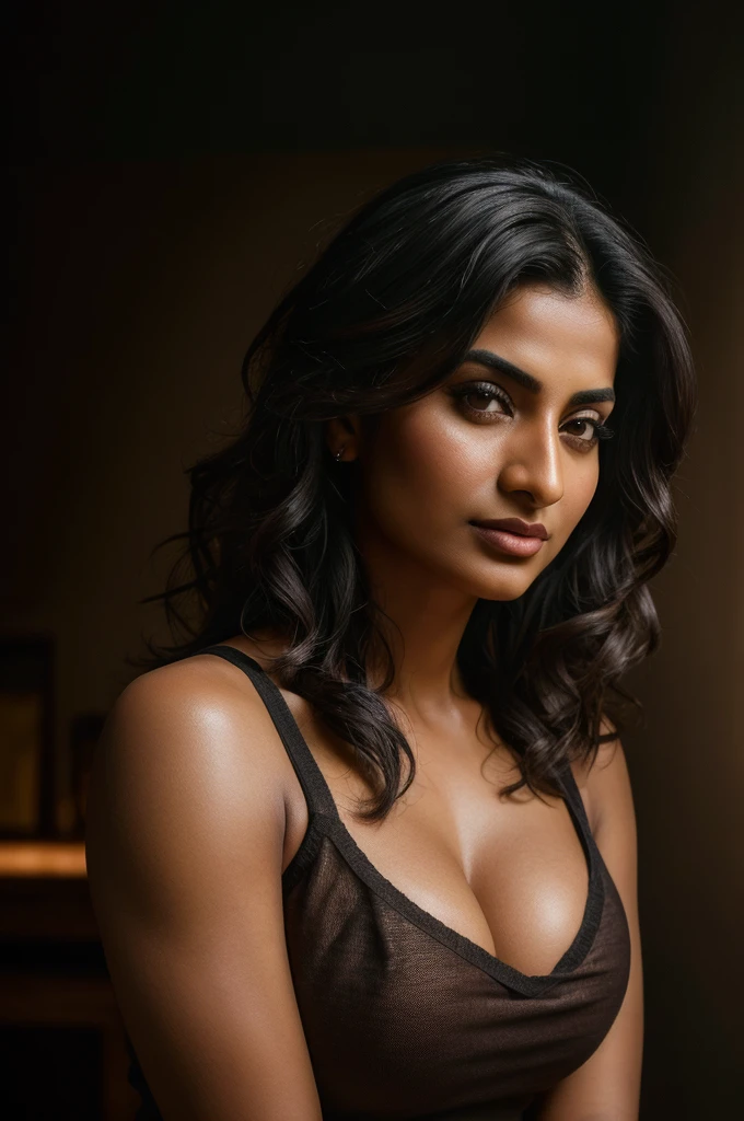 Looks like nadia ali , a photo portrait of a beautiful girl 40 years old Woman, curvy hot mommy figure, fleshy figure, with curls, styled black hair, (face portrait:1.5), dramatic light, Rembrandt lighting scheme, bust shot, linen tank top , top quality editorial photograph, skin texture, skin pores, chocolate skin, high quality skin, top quality photography, professional photography, professional retouching, insane detailing, warm moody tones, modern clothes, highly detailed armpits,