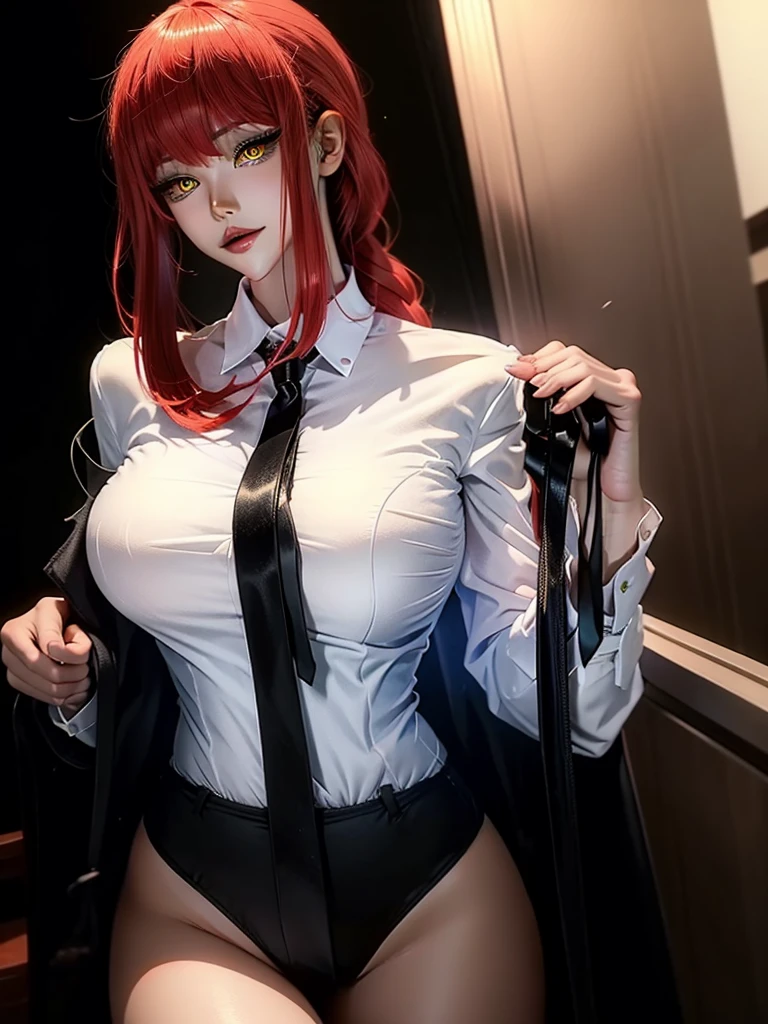 beautiful gorgeous Makima woman staring at the viewer, yellow eyes, sharp, red hair, white shirt, black , long legs, black tie, volumetric lightning, superdetailed