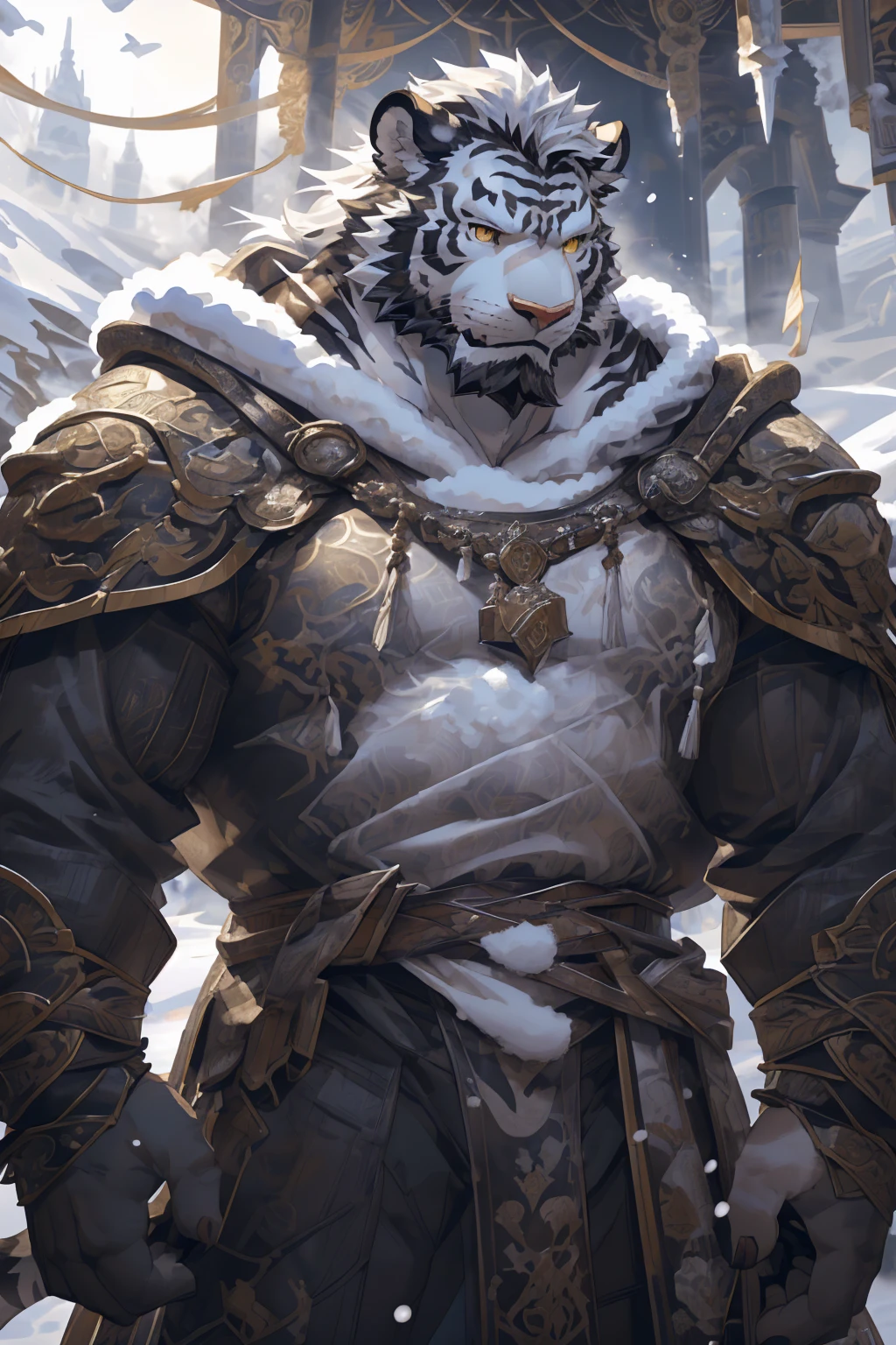 (White skintiger),(黑白阴阳Military commander战袍),(Holding a long sword),(Awesome posture:1.3),Standing quietly in,(The background is a city covered with ice and snow:1.5),(Abdominal muscles),Heroic飒爽,完美的masterpiece,Various facial details,Close-up view,specific description,masterpiece,(cg),(Golden Eyes),Black and white pattern,Black and white tail,Military commander,Heroic,tiger,Black and white fur,Detailed facial details,Half Body,(黑白阴阳Military commander战履),(Long feather),((middle aged)),(Face Focus),(16K),(HD),Black and white abdomen,temple,beard,(Face lines),(Heterochromia,),(Black and white yin and yang battle robe),(Black and white hair),(Strong:1.2),(muscle:1.3),(high resolution:1.3),(Standing in front of a city covered in snow),(Close up),(Detailed face:1.5),Perfect details,(Half Body),(Detailed depiction of the face:1.5),(Zoom in on the face:1.5),(白色Face lines:1.2),(黑色beard:1.3),(White face:1.6),(White body),(White skin,black strips:1.3),(White cheeks:1.5),(The skin color of the face is white:1.3),cg
