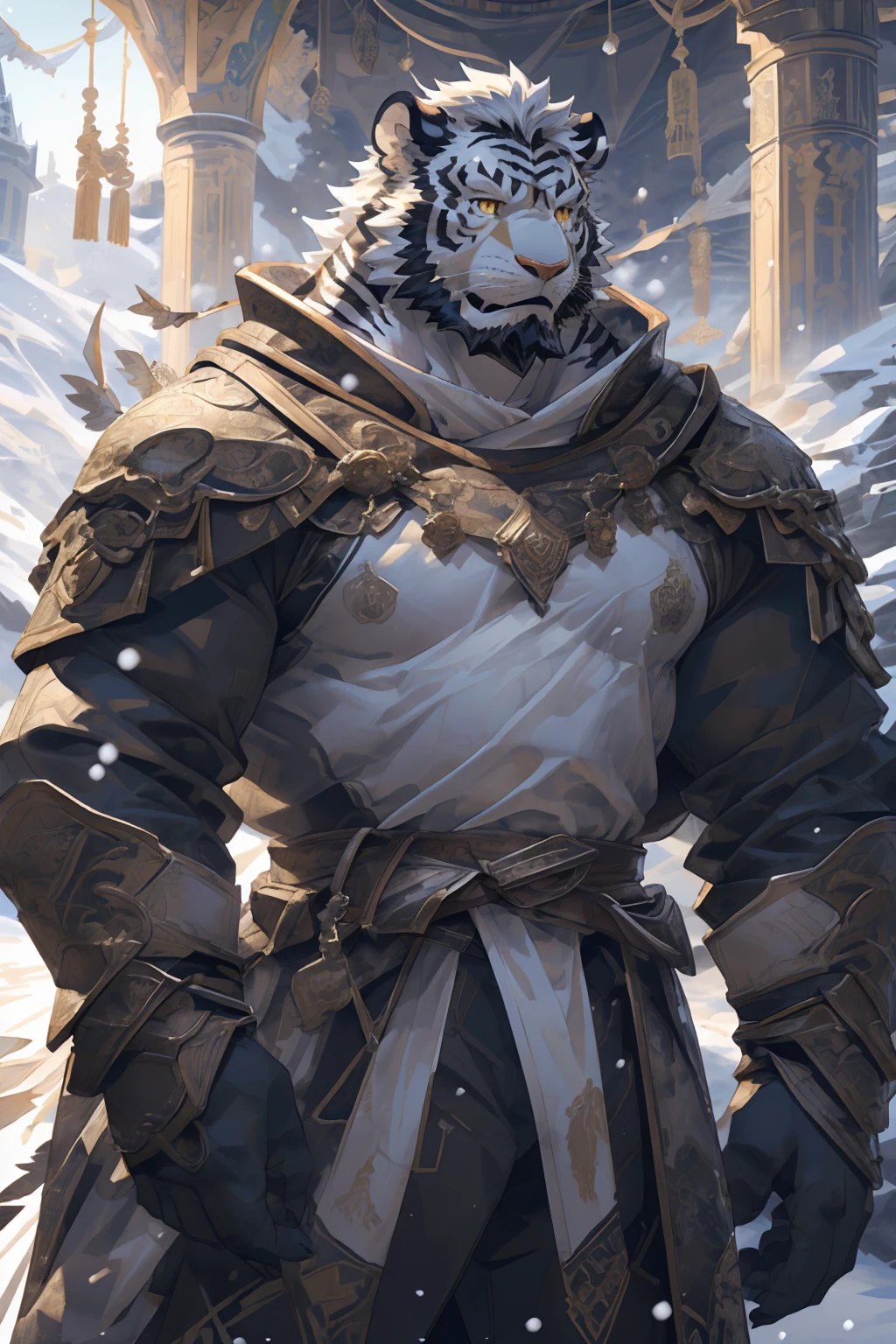 (White skintiger),(黑白阴阳Military commander战袍),(Holding a long sword),(Awesome posture:1.3),Standing quietly in,(The background is a city covered with ice and snow:1.5),(Abdominal muscles),Heroic飒爽,完美的masterpiece,Various facial details,Close-up view,specific description,masterpiece,(cg),(Golden Eyes),Black and white pattern,Black and white tail,Military commander,Heroic,tiger,Black and white fur，Detailed facial details,Half Body,(黑白阴阳Military commander战履),(Long feather),((middle aged)),(Face Focus),(16K),(HD),Black and white abdomen，temple，beard,(Face lines),(Heterochromia,),(Black and white yin and yang battle robe),(Black and white hair),(Strong:1.2),(muscle:1.3),(high resolution:1.3),(Standing in front of a city covered in snow),(Close up),(Detailed face:1.5)，Perfect details,(Half Body),(Detailed depiction of the face:1.5),(Zoom in on the face:1.5),(白色Face lines:1.2),(黑色beard:1.3),(White face:1.6),(White body),(White skin,black strips:1.3),(White cheeks:1.5),(The skin color of the face is white:1.3),cg