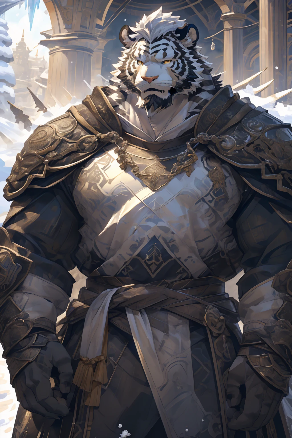 (White skintiger),(黑白阴阳Military commander战袍),(Holding a long sword),(Awesome posture:1.3),Standing quietly in,(The background is a city covered with ice and snow:1.5),(Abdominal muscles),Heroic飒爽,完美的masterpiece,Various facial details,Close-up view,specific description,masterpiece,(cg),(Golden Eyes),Black and white pattern,Black and white tail,Military commander,Heroic,tiger,Black and white fur，Detailed facial details,Half Body,(黑白阴阳Military commander战履),(Long feather),((middle aged)),(Face Focus),(16K),(HD),Black and white abdomen，temple，beard,(Face lines),(Heterochromia,),(Black and white yin and yang battle robe),(Black and white hair),(Strong:1.2),(muscle:1.3),(high resolution:1.3),(Standing in front of a city covered in snow),(Close up),(Detailed face:1.5)，Perfect details,(Half Body),(Detailed depiction of the face:1.5),(Zoom in on the face:1.5),(白色Face lines:1.2),(黑色beard:1.3),(White face:1.6),(White body),(White skin,black strips:1.3),(White cheeks:1.5),(The skin color of the face is white:1.3),cg