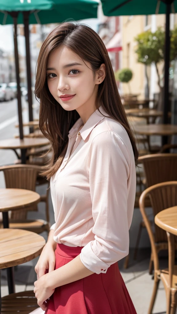 Best quality, Realistically, Extremely detailed, detailed, high resolution, 8k wallpaper, 1 beautiful woman, Pink moist lips, Light brown messy hair, Wearing a crimson suit, shirt, and white skirt, Lock focus, Perfect dynamic composition, beautiful eyes, Fine hair, Detailed Realistically skin texture, Smile, Close-up portrait, Model body type, On the terrace of a café, Blurred background, (full-body shot), Long-distance shooting,