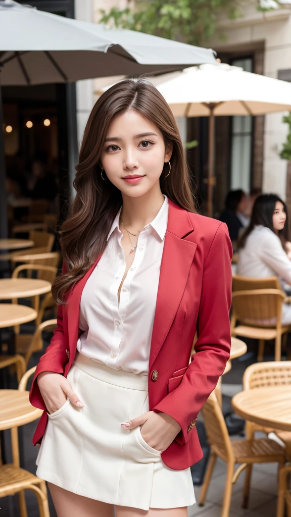 Best quality, Realistically, Extremely detailed, detailed, high resolution, 8k wallpaper, 1 beautiful woman, Pink moist lips, Light brown messy hair, Wearing a crimson suit, shirt, and white skirt, Lock focus, Perfect dynamic composition, beautiful eyes, Fine hair, Detailed Realistically skin texture, Smile, Close-up portrait, Model body type, On the terrace of a café, Blurred background, (full-body shot), Long-distance shooting,