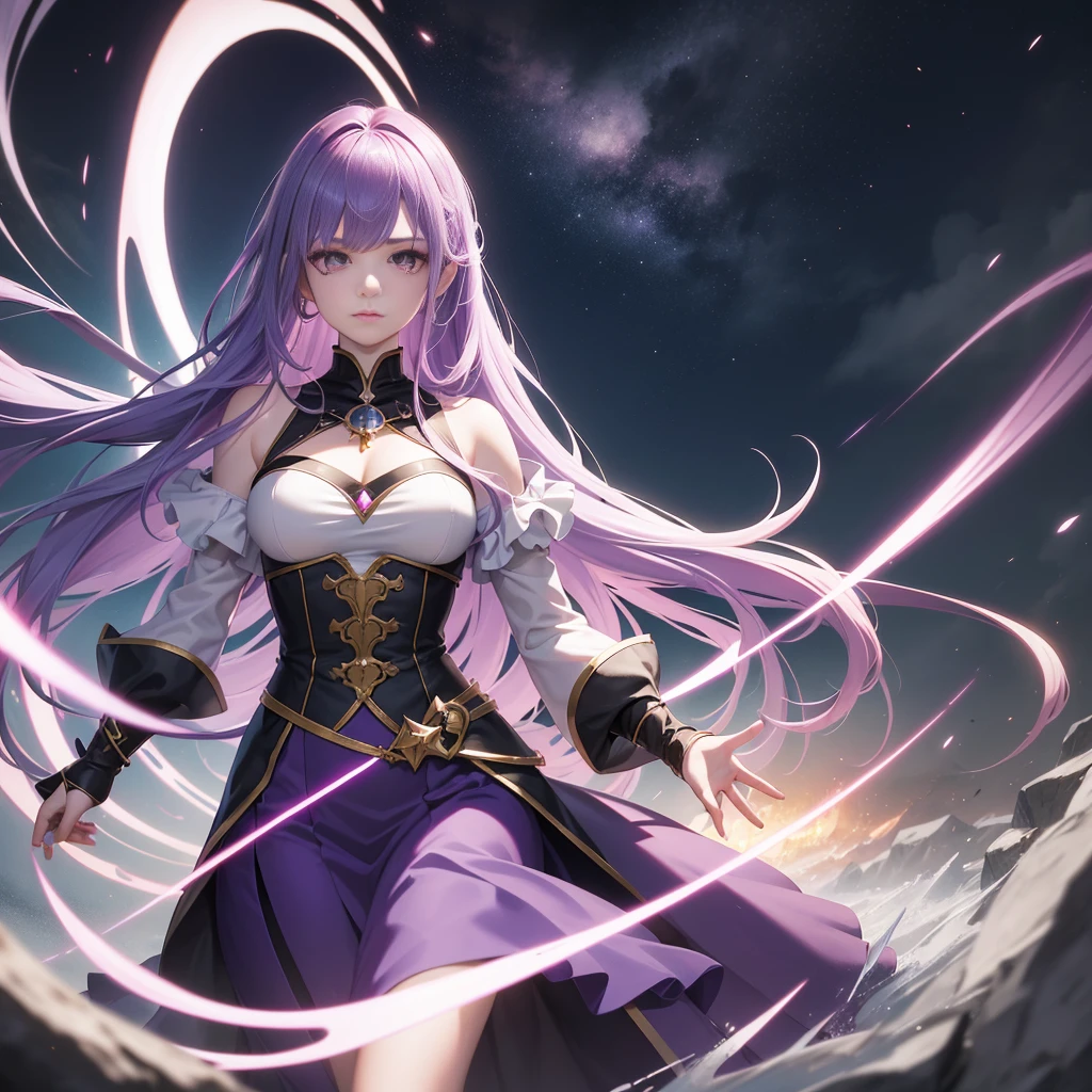 (woman\(Magical girl, Purple long skirt, Long flowing blue hair, Red pupils, Pale skin, Indifferent face,Cold eyes，Magic elements gathered in hand，The magic element forms a vortex that surrounds),night，Blood Moon,quality\(8K,Extremely detailed CG unit wallpaper, masterpiece,high resolution,top-quality,top-quality real texture skin,Surrealism,提high resolution,original photo,Best quality,Very detailed,light,Ray Tracing,Golden Ratio\)