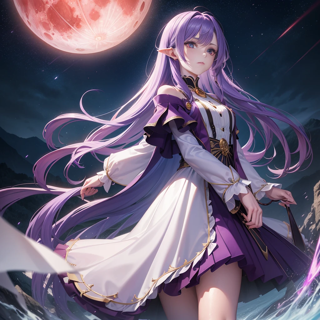 (woman\(Magical girl, Purple long skirt, Long flowing blue hair, Red pupils, Pale skin, Indifferent face,Cold eyes,Magic elements gathered in hand,The magic element forms a vortex that surrounds),night,Blood Moon,quality\(8K,Extremely detailed CG unit wallpaper, masterpiece,high resolution,top-quality,top-quality real texture skin,Surrealism,提high resolution,original photo,Best quality,Very detailed,light,Ray Tracing,Golden Ratio\)