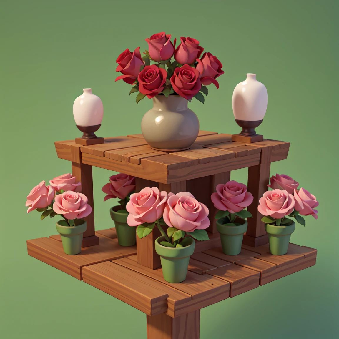 A bouquet of pink roses,Fen,Realism,planters,Green Background,Medium shot,2.5D,game props,Cartoon,There are no vases