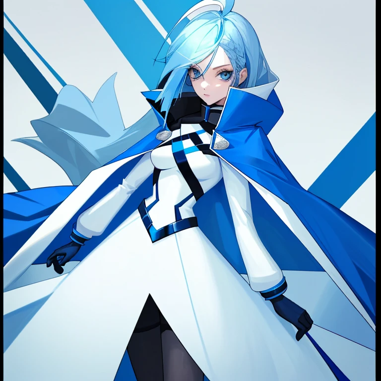 A white girl with blue hair and blue eyes wearing a long blue coat
