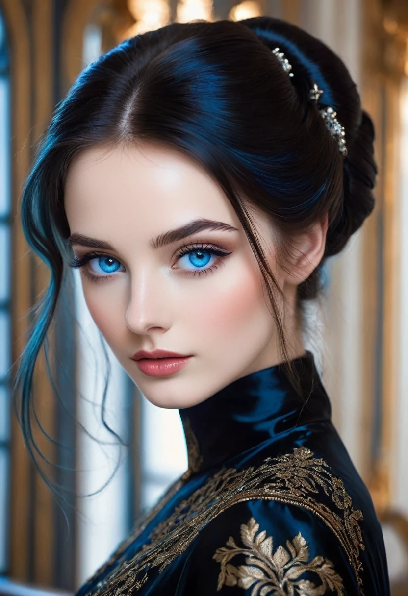 A beautiful woman who has cerulean blue eyes, a pointed aristocratic nose, rosy high cheeks, and kissable lips. Her hair is long and straight and its color is mettalic black. She looks confident and has an air of elegance and mystery in her eyes.