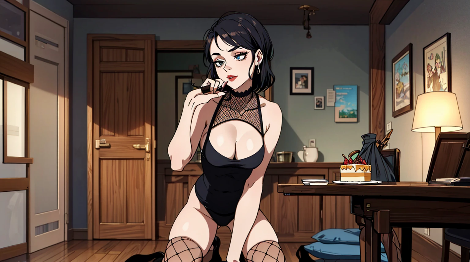 (best quality,masterpiece:1.2,detailed details,4k),A dim old apartment, a small birthday cake on an old wooden table, a modern apartment, an alarm clock on the wall, an anime scene,
A girl with modern gothic makeup, fair skin, modern clothes, black eyeshadow, a tank top, a sexy body, earrings and lip studs, fishnet stockings, posing in an attractive pose, kneeling on the wooden floor, a loving expression
Upward shot