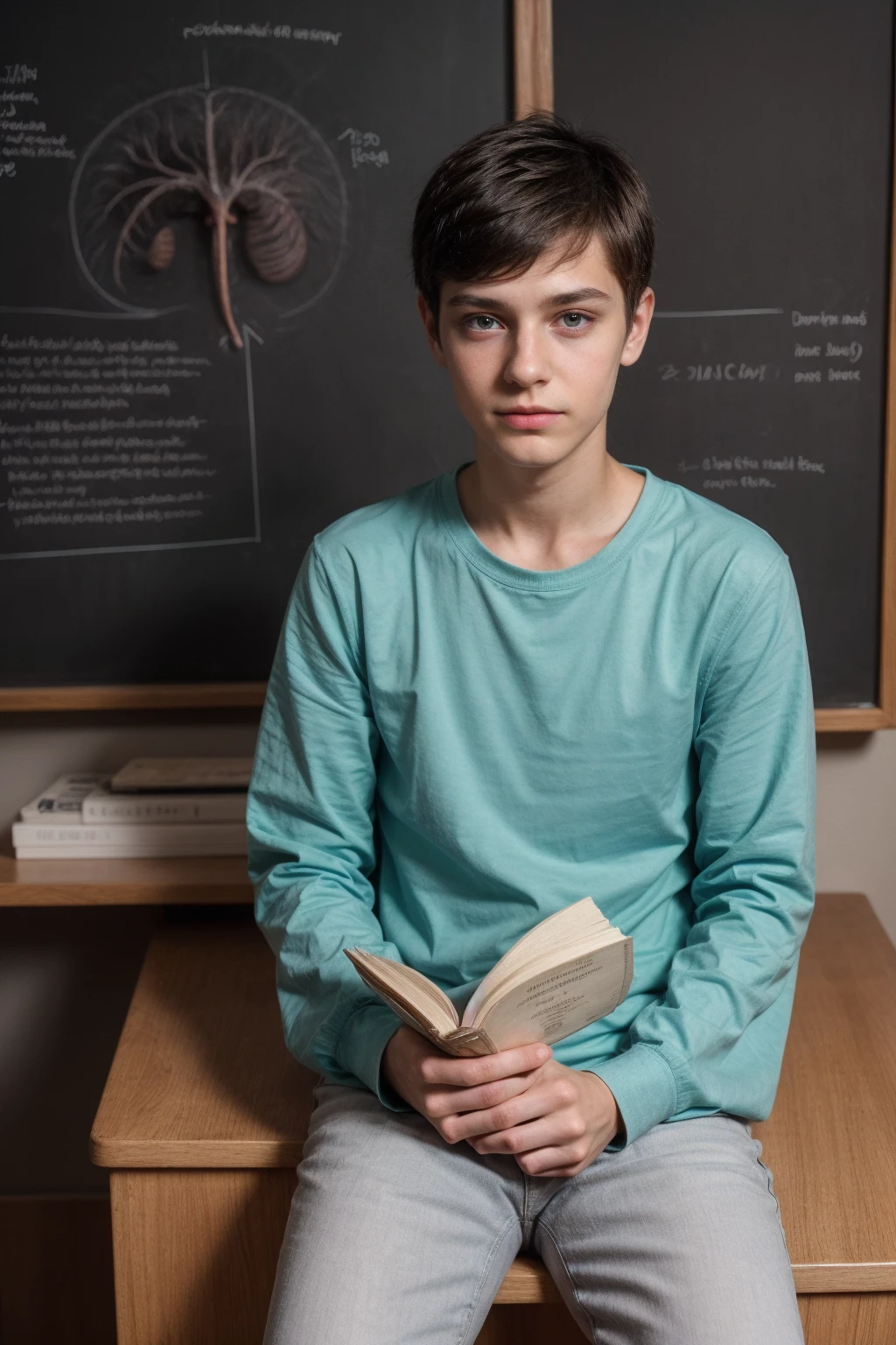 A young male twink boy, cute, beautiful, feminine, with a beautiful face with makeup, black hair, and his eyes have dark circles under them. He is wearing a long-sleeved aquamarine shirt and white jeans. He is in the College of Medicine, studying on the blackboard with brain anatomy written on it. He is sitting at a desk with scientific books on it.  Medical and brain anatomy manuscripts