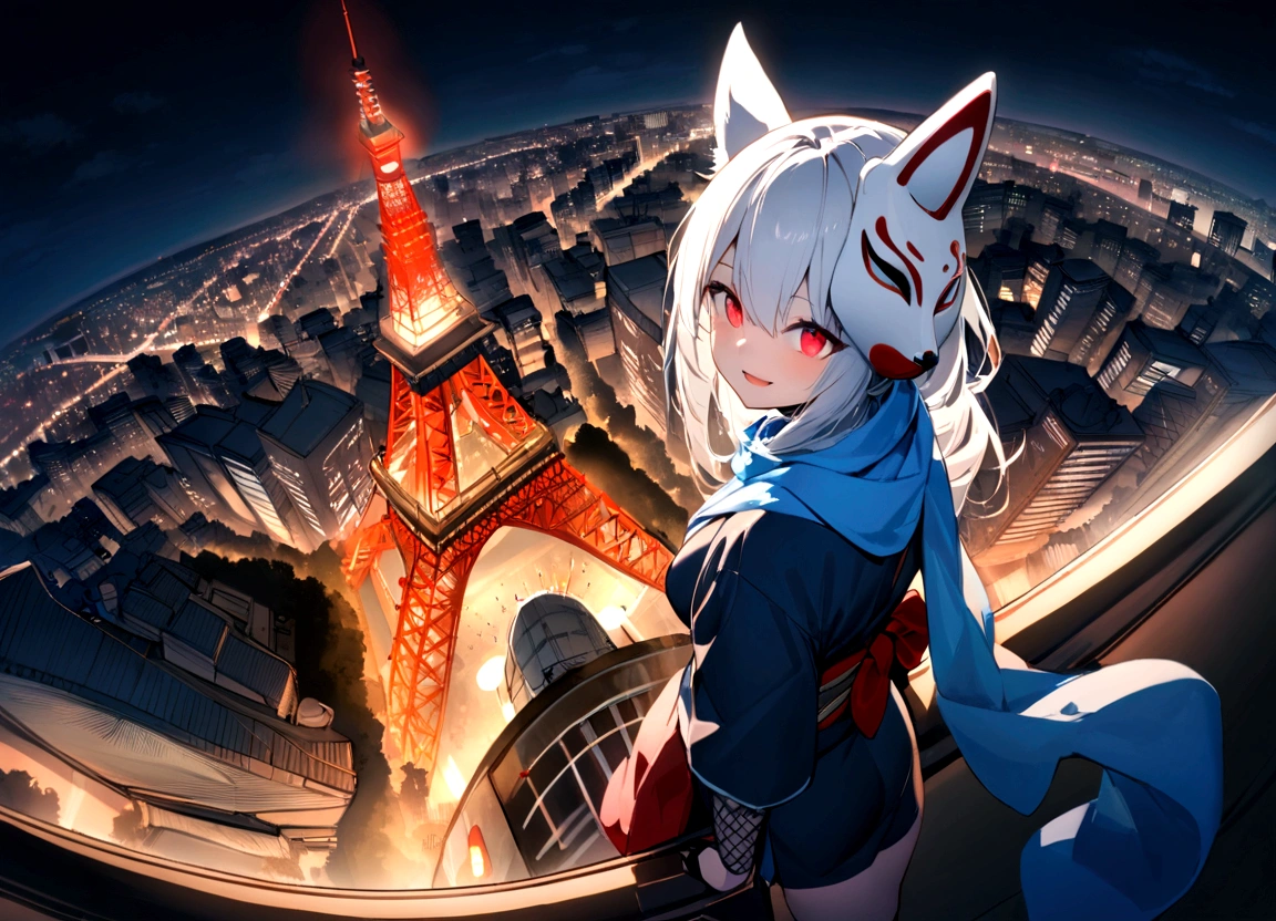 smiling、Double teeth、Green and Blue Odd-Eye、A long scarf in two-tone red and blue、Climb Tokyo Tower and look down on the cityscape、View from Tokyo Tower(masterpiece, best quality:1.2), 1girl, 独奏,Wolf girl, fox mask, ninja, girl, long white hair, odd eyes, blue kimono, ninja girl, red and blue scarf,Dancing Cherry Blossoms,Full moon backlighting, light coming in, fantastic atmosphere.night、Shadows of light and darkness、Eyes glowing in the dark、Black fox mask、Fisheye Lens、Expansive starry sky、long hair that spreads、Looking up from afar、Overlooking the city from atop a large cherry tree、View from Tokyo Tower