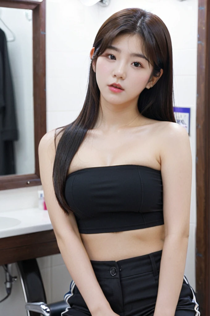 close-up of beautiful South Korean, Kwon Eunbi is a South Korean singer and actress, youthful face, white skin body, perfect body, medium length hair, black hair, straight hair, flat bangs cut, 36 inches ??????? size, wearing a tight dark black strapless tube top, wearing a tight dark black legging pants, Eunbi holding ??????? with her own two hands is very ???? and sigh, my hair being held by a male barber, then my hair was forcibly cut short by the barber vigorously, my hair fell down the floor of the barbershop because my hair was forcibly cut by the barber using the scissors, hair fell down the floor of the barbershop, the rest of my hair scattered on the floor, ???? looking pose, pose a naughty look, at a male-only barbershop, UHD