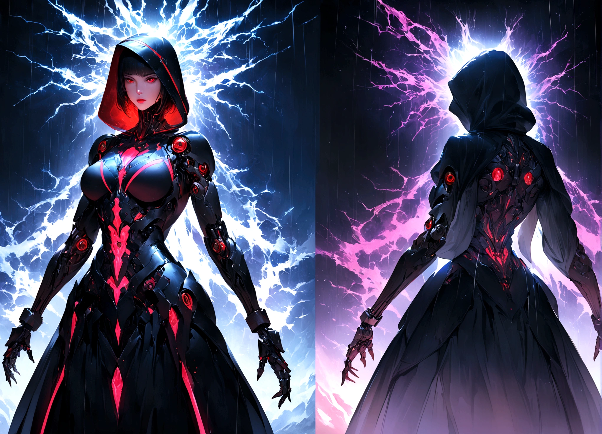 masterpiece, cyborg, The body is glamorous、, Wearing a hood, Shrouded in shadow, , Positano colours, Completely in frame, whole body, Emits electrical energy, whole body, Beautiful anime waifu style man, Ultra-detailed CG paintings, Luminism, Art by Kahn Griffith and Vadim Kashin Concept Art, 8K resolution, Fractal isometric details Bioluminescence , complicatedly detailed , Cinematic, trending on art station Isometric Centered hyper Realistic cover photo awesome full color, Grainy, Realistic, complicated, Hit definition , Cinematic, Bold, Vibrant, amazing, Super high quality model、Being pelted by rain in the dark、Controlling Lightning、Red eyes