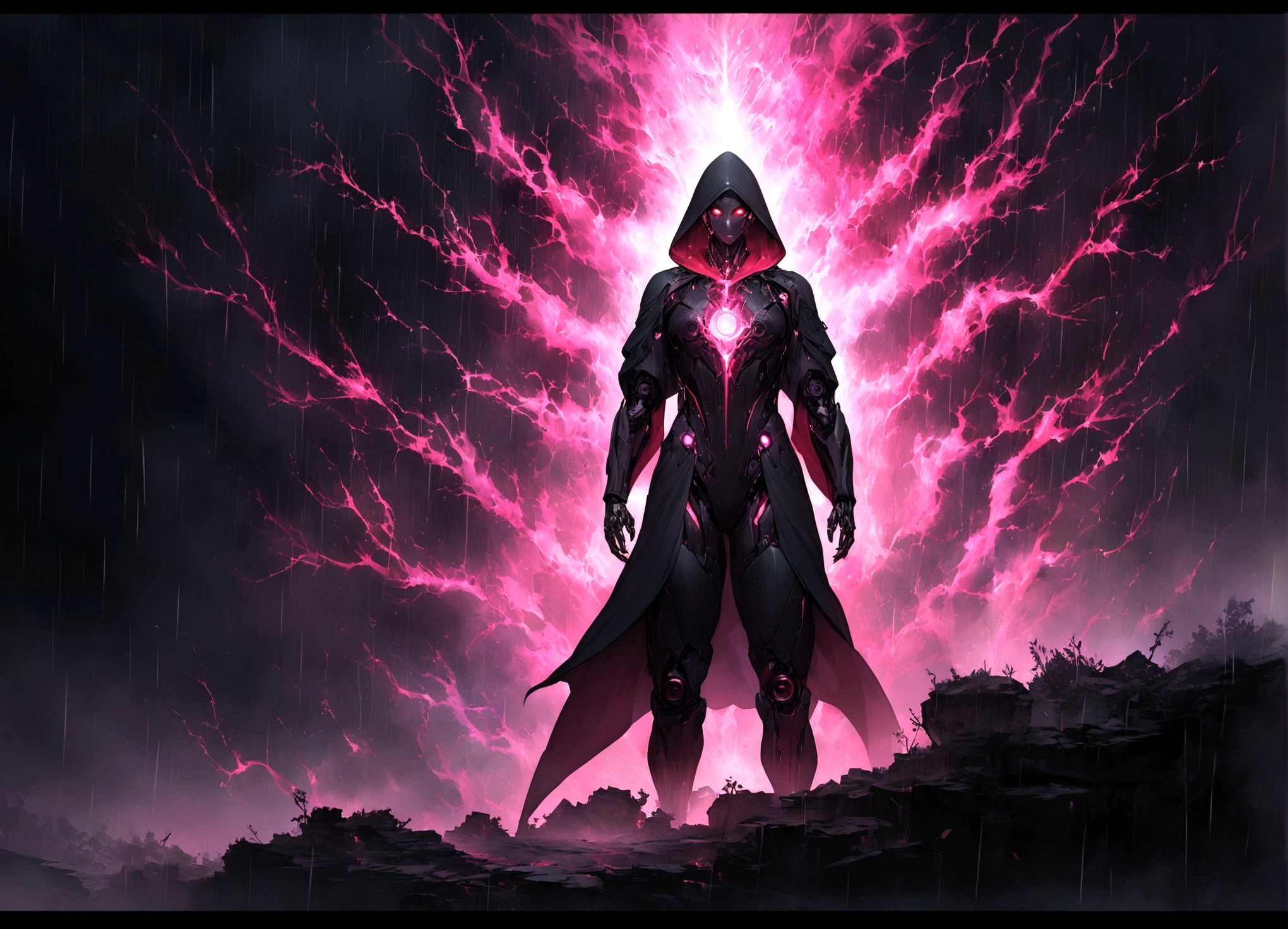masterpiece, cyborg, The body is glamorous、, Wearing a hood, Shrouded in shadow, , Positano colours, Completely in frame, whole body, Emits electrical energy, whole body, Beautiful anime waifu style man, Ultra-detailed CG paintings, Luminism, Art by Kahn Griffith and Vadim Kashin Concept Art, 8K resolution, Fractal isometric details Bioluminescence , complicatedly detailed , Cinematic, trending on art station Isometric Centered hyper Realistic cover photo awesome full color, Grainy, Realistic, complicated, Hit definition , Cinematic, Bold, Vibrant, amazing, Super high quality model、Being pelted by rain in the dark、Controlling Lightning、Red eyes