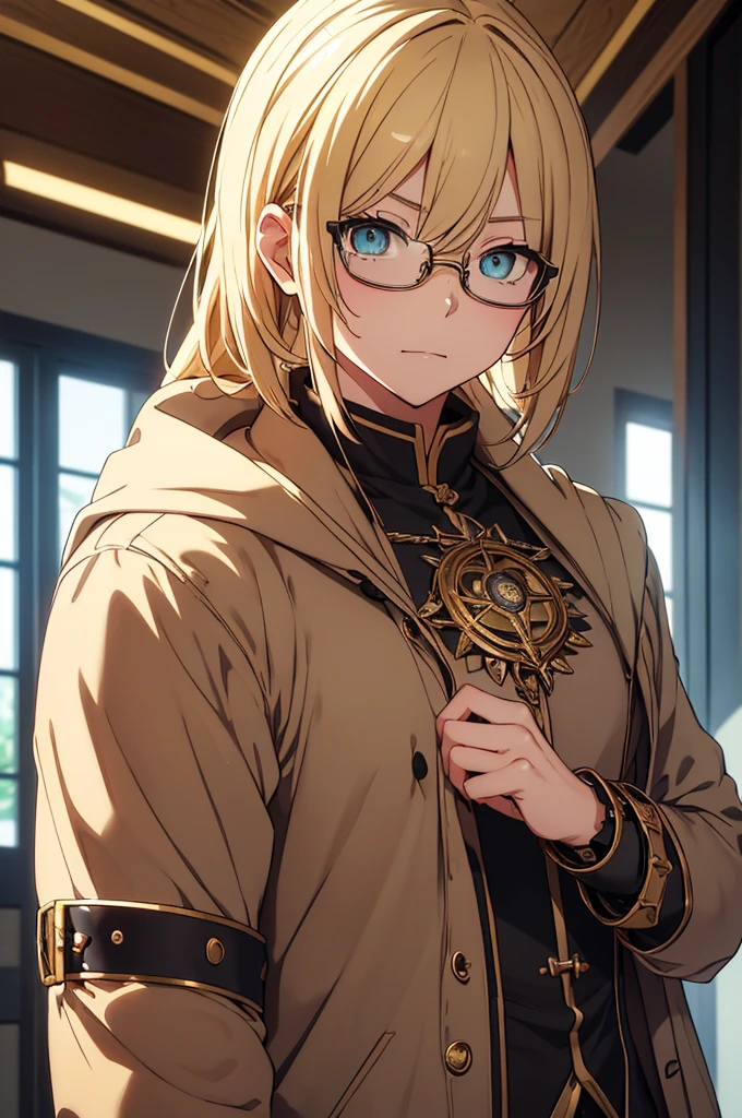 Blonde, Round Glasses, cool, (Gear Accessories), anime, beautiful, masterpiece, Highest quality, (1maleの子:1.5), (Shining Eyes:1.3), (Beautifully detailed eyes:1.1)、[[Delicate fingers and hands:0.55]::0.85], (Detailed reference),male, maleらしく, male, (Not as it really is), (bad), (Not as it really is感), No chest
