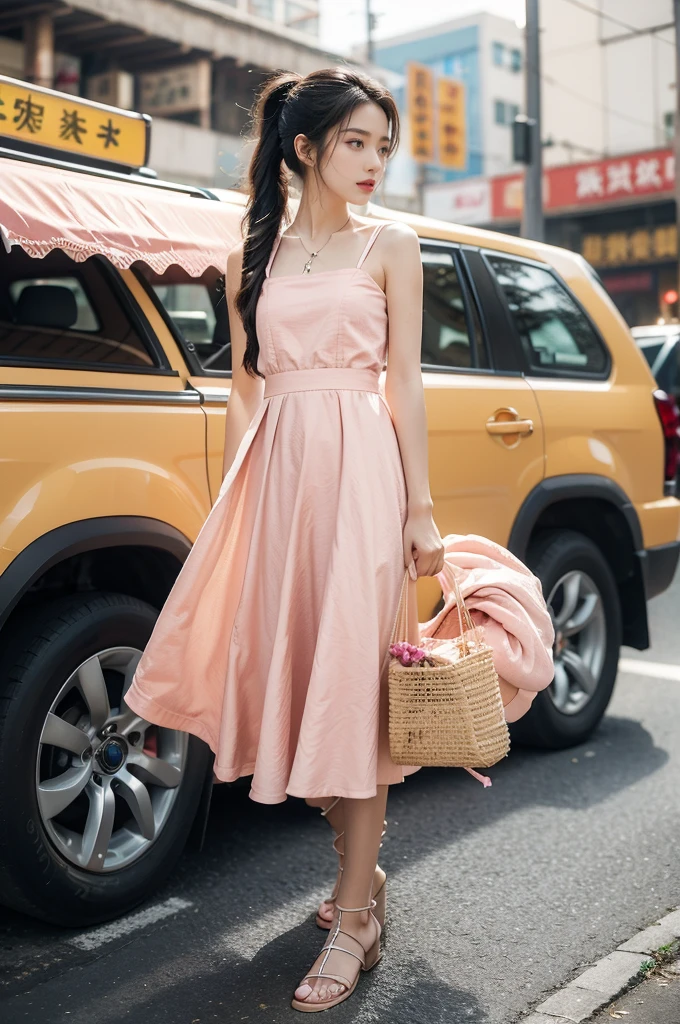 (((best quality))),(((ultra detailed))),(((masterpiece))),illustration, 1girl,slim,sun-kissed skin, vibrant rose-pink cotton dress,short ponytail, small straw bag,flat chest,slender legs,pantyhose,sandals, bustling city streets, honking cars, rushing people, colorful advertisements, street food vendor, grilled skewers, spicy sauce, enjoying sights and sounds, darkened black skin