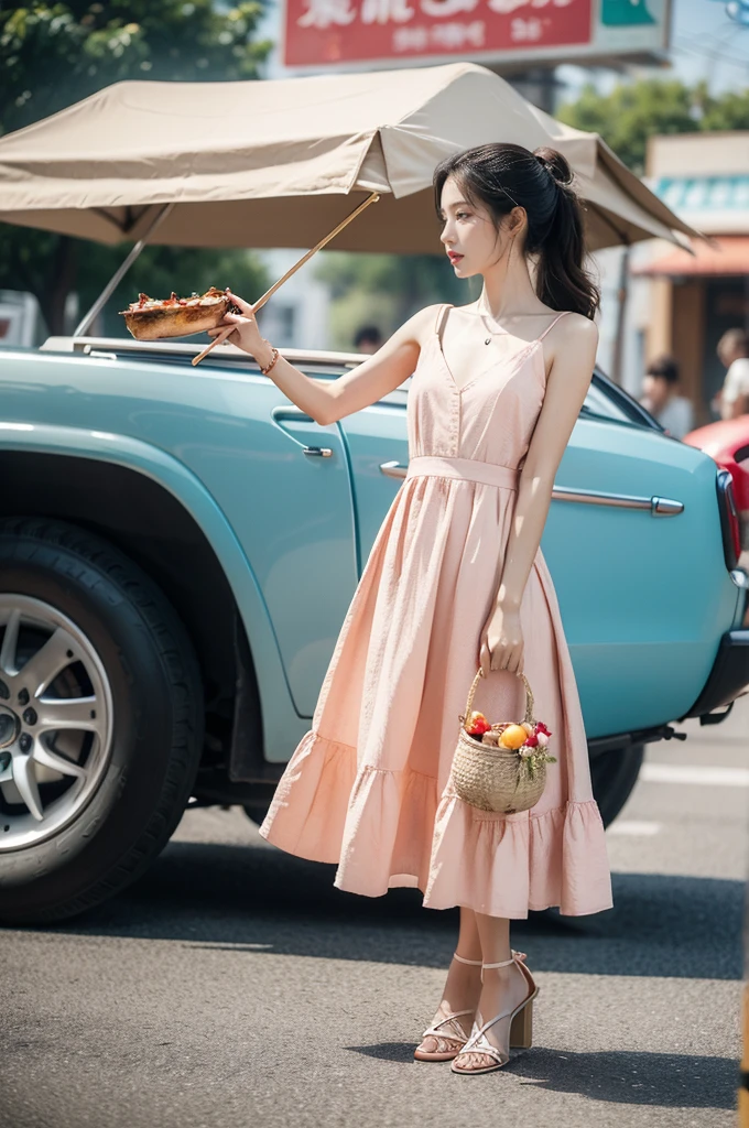 (((best quality))),(((ultra detailed))),(((masterpiece))),illustration, 1girl,slim,sun-kissed skin, vibrant rose-pink cotton dress,short ponytail, small straw bag,flat chest,slender legs,pantyhose,sandals, bustling city streets, honking cars, rushing people, colorful advertisements, street food vendor, grilled skewers, spicy sauce, enjoying sights and sounds, darkened black skin