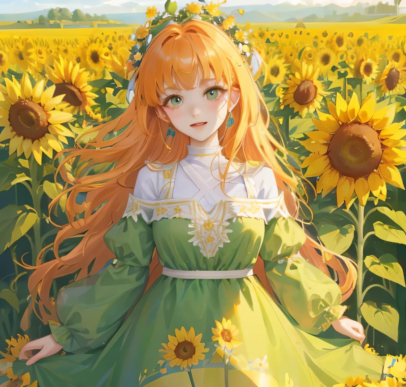 (high quality) (best quality) (a woman) (correct physiognomy) Woman, orange hair with bangs on her forehead, Flower crown on her head, green eyes, tender lips, middle age, olive green summer dress with print of flowers, location of the photo, the woman must be in the middle of a field of sunflowers, lighting of the photo: sunlight, proportion from head to hips..