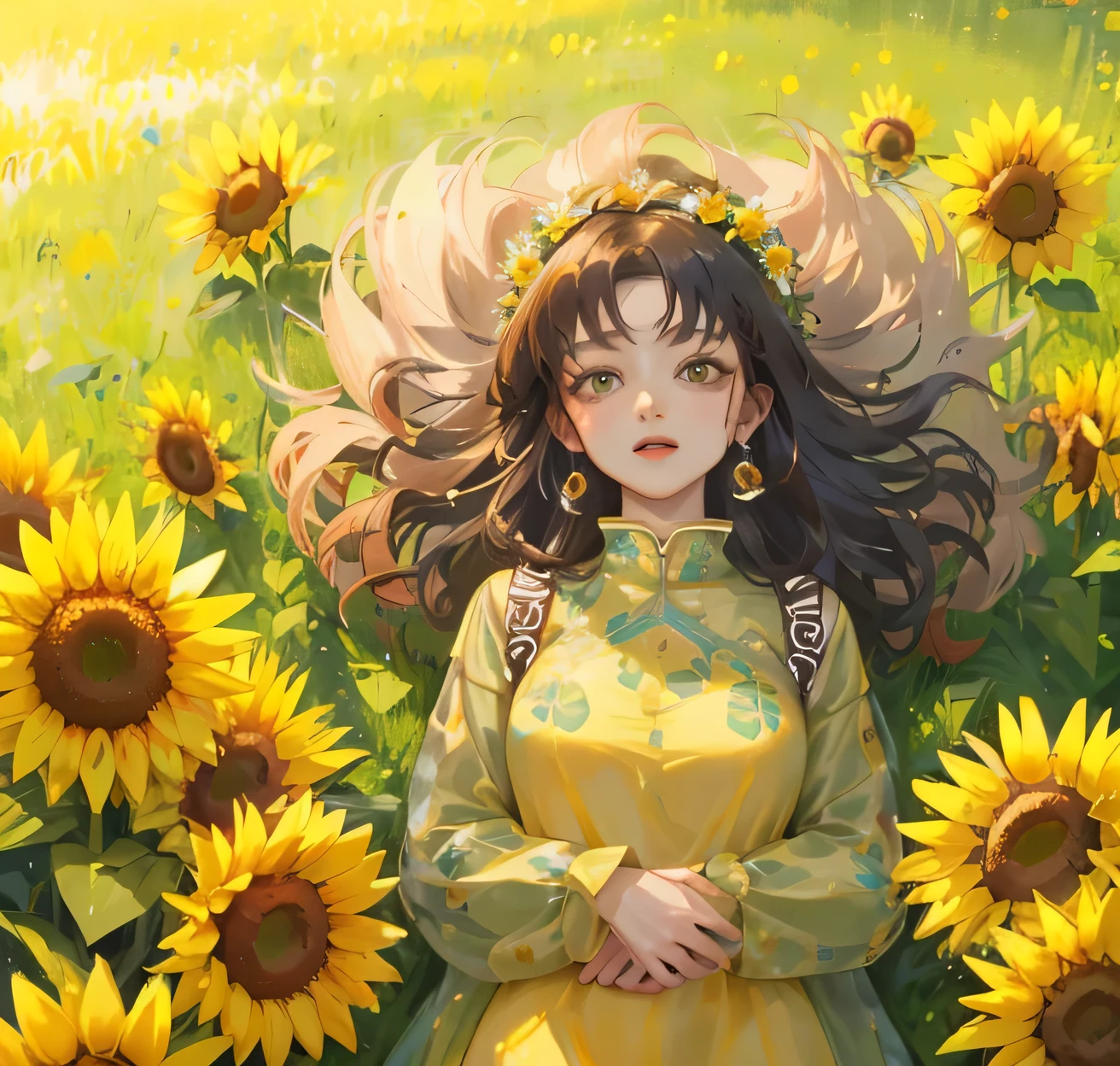 (high quality) (best quality) (a woman) (correct physiognomy) Woman, orange hair with bangs on her forehead, Flower crown on her head, green eyes, tender lips, middle age, olive green summer dress with print of flowers, location of the photo, the woman must be in the middle of a field of sunflowers, lighting of the photo: sunlight, proportion from head to hips..