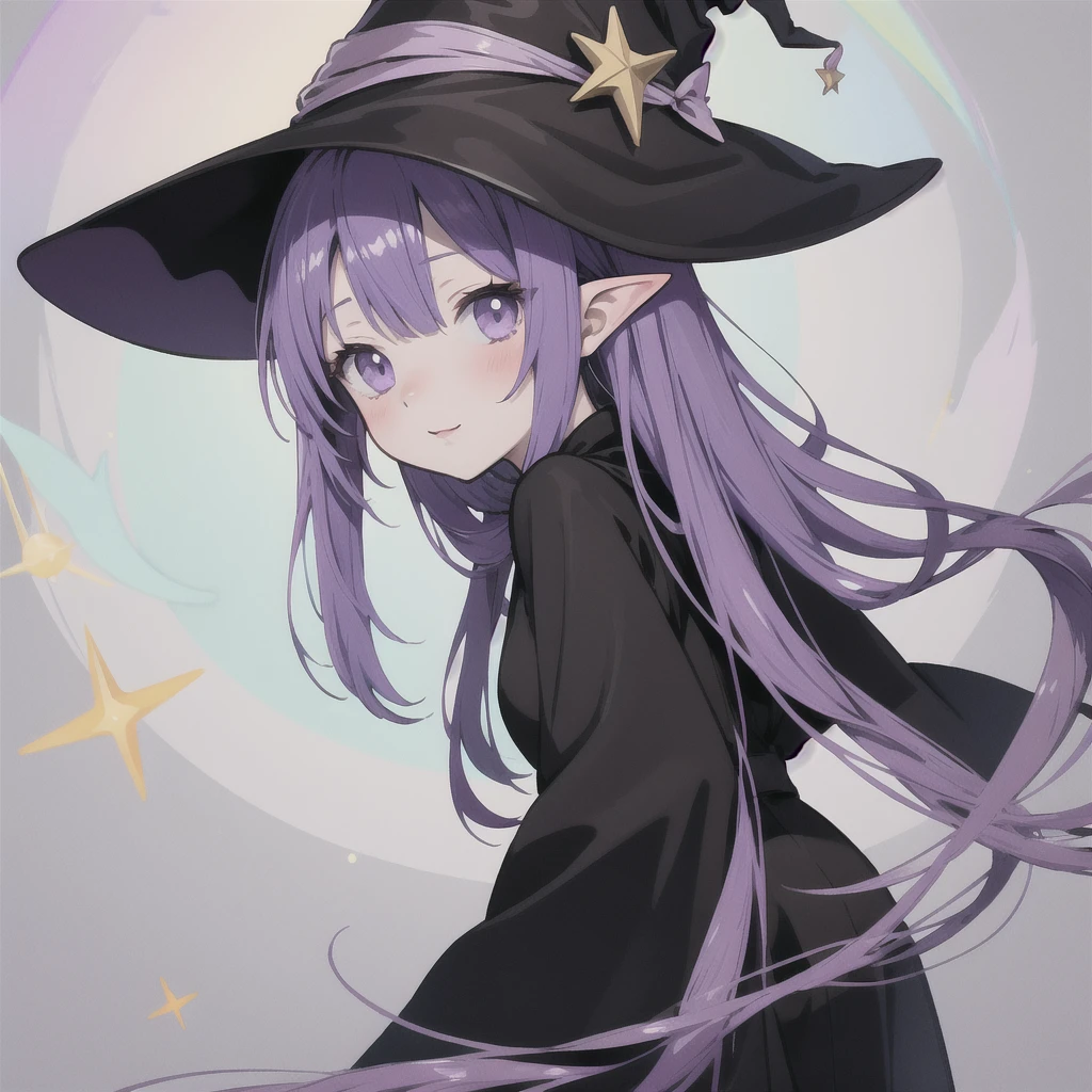 anime girl long purple hair wearing a black Robe. she has pointy ears. Witch Hat. Manga kawaii. iridescent ,An illustration, 0ne person .look back