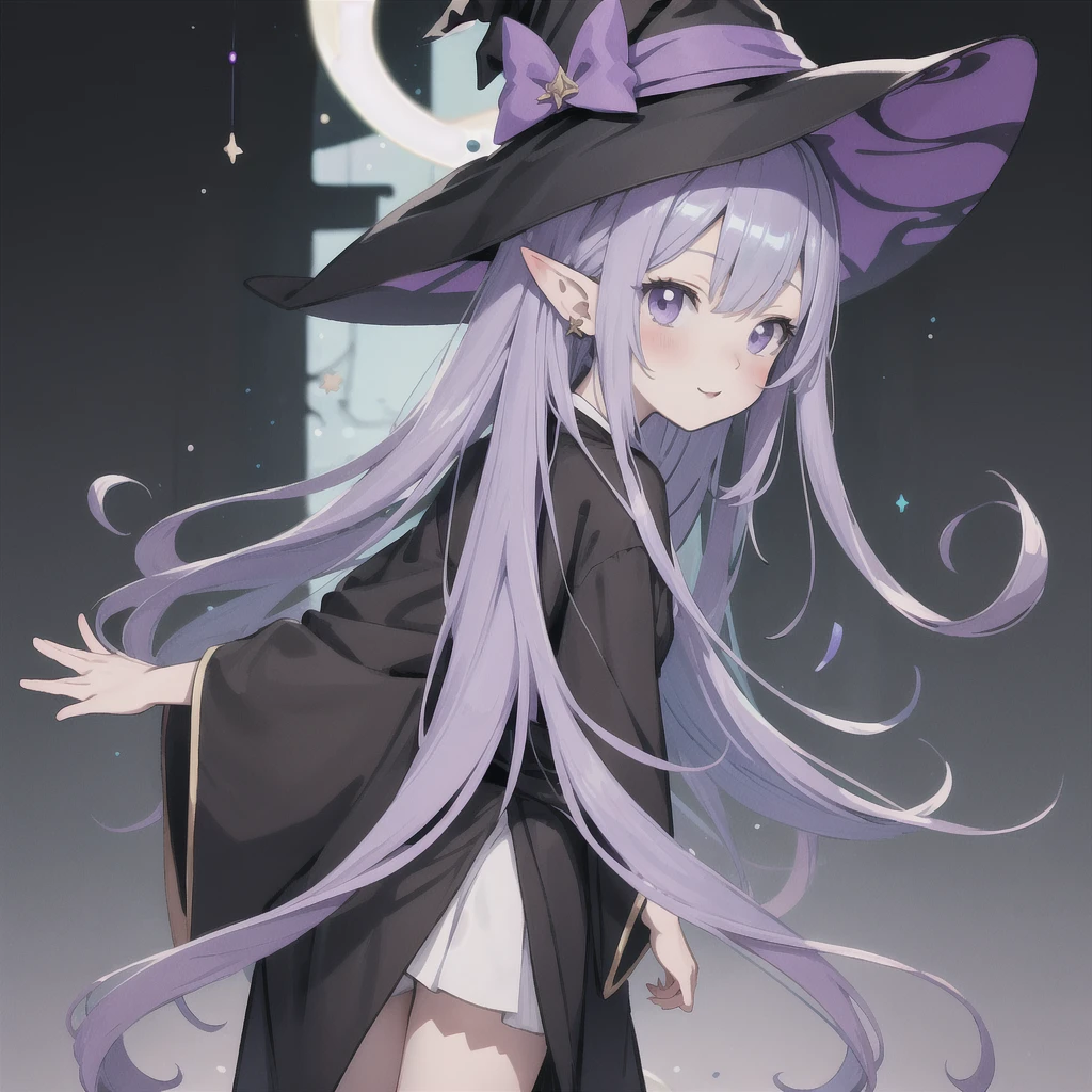 anime girl long purple hair wearing a black Robe. she has pointy ears. Witch Hat. Manga kawaii. iridescent ,An illustration, 0ne person .look back