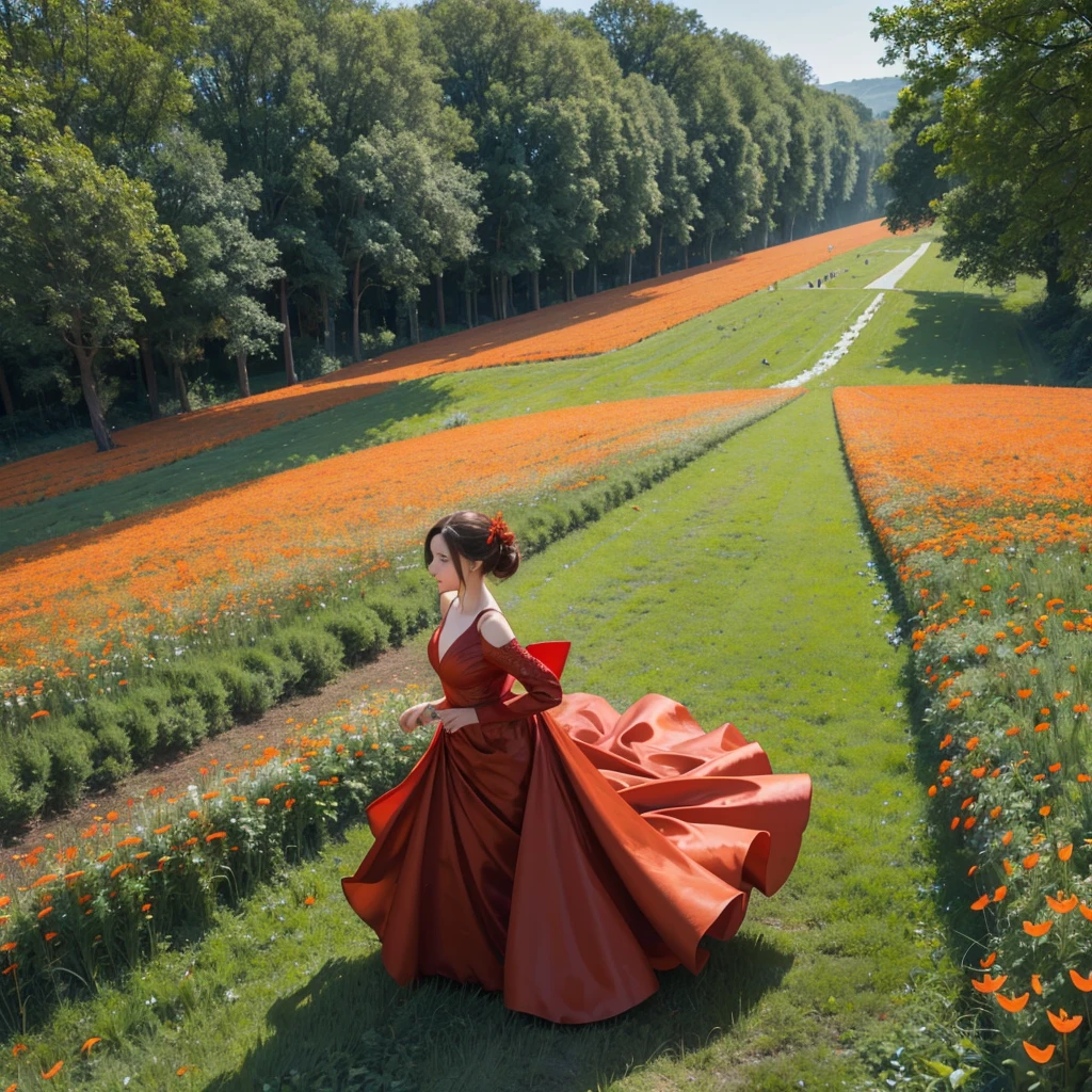 A woman in red gown running over a huge chess board placed in a field of carrots, surrounding birds flying and butterflies, (HDR quality 4k, 8k, high quality)