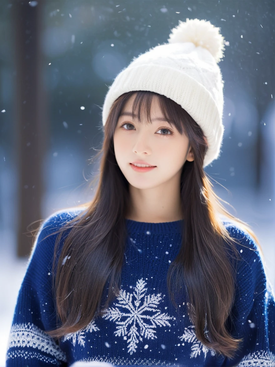 best quality, masterpiece,
Analog photo of Japanese idol girl wearing sweater and sweater hat, looking at viewer, long hair, Headshots, hold one's cheek with one's hand, enlargement, very beautiful detailed face, medium chest, (Cute face, looks tempting), eye level,
professional photos, high contrast exposure, soft bokeh, high key light, solid shadow, soft bokeh, snowfall, snowfall background,