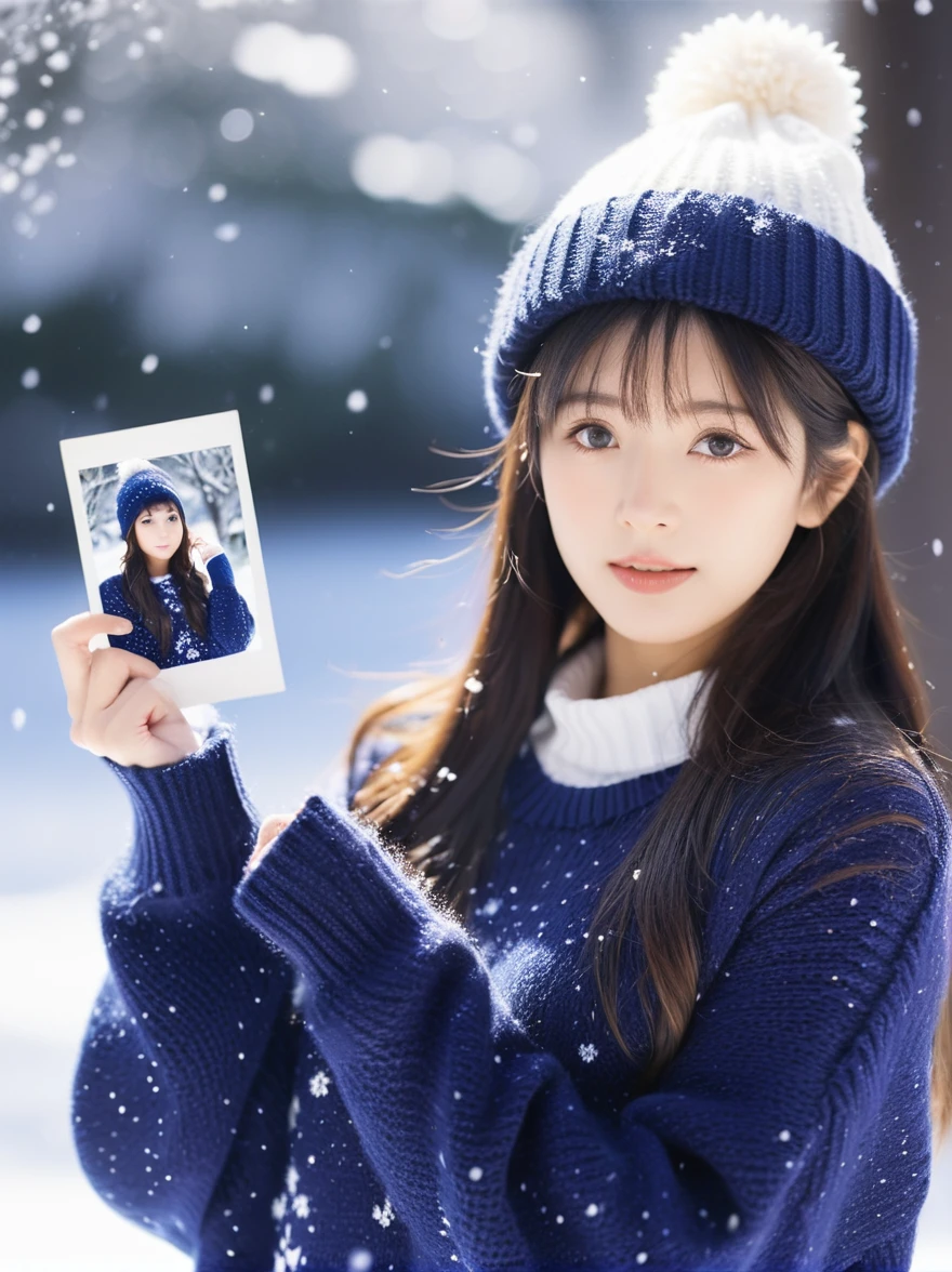 best quality, masterpiece,
Analog photo of Japanese idol girl wearing sweater and sweater hat, looking at viewer, long hair, Headshots, hold one's cheek with one's hand, enlargement, very beautiful detailed face, medium chest, (Cute face, looks tempting), eye level,
professional photos, high contrast exposure, soft bokeh, high key light, solid shadow, soft bokeh, snowfall, snowfall background,