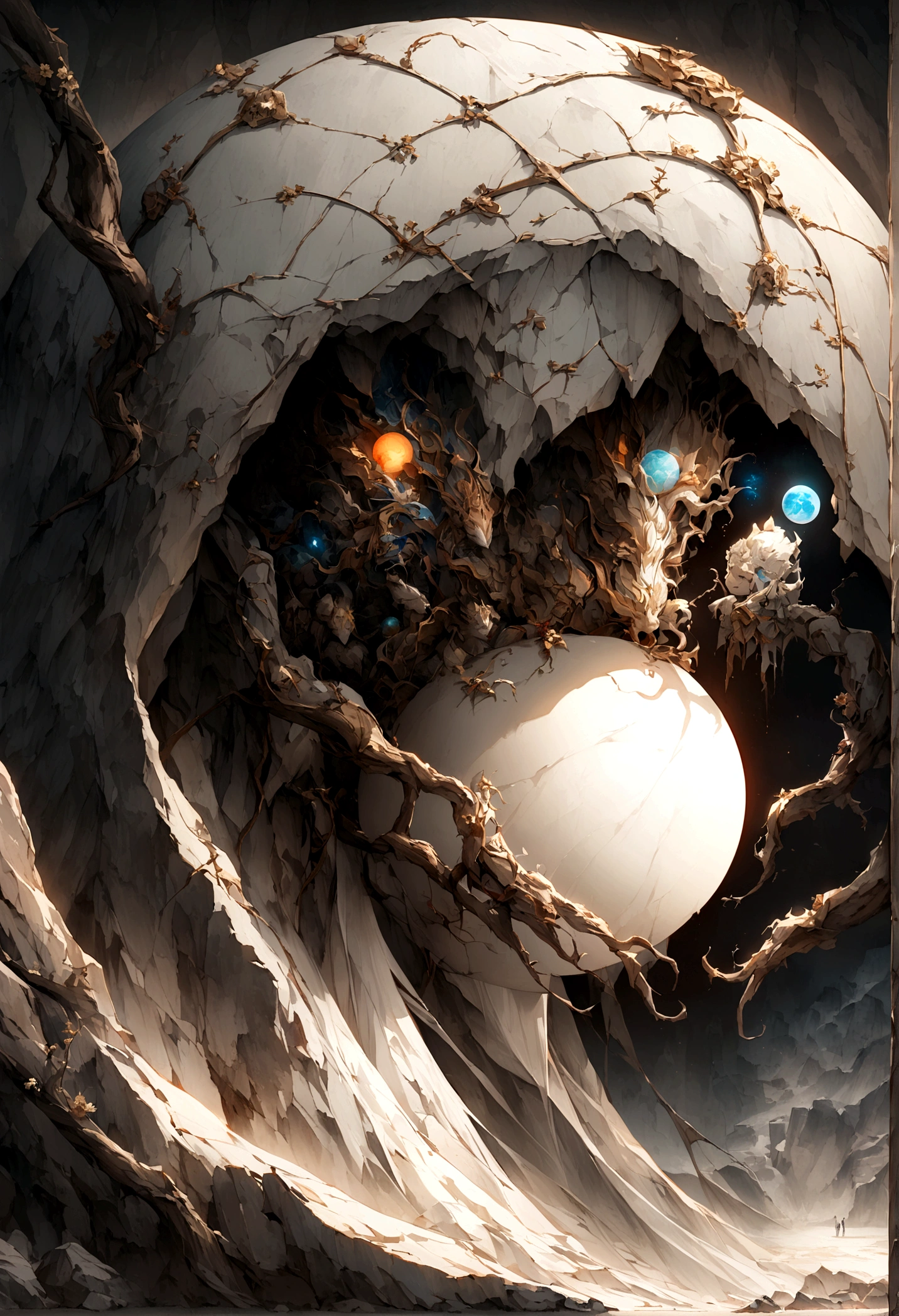 Close-up of faces，The background is a cave in the rock，A young boy，A spherical glowing object in front of you，Emits a big white light，Chinese style，Immortal World，Xianxia World