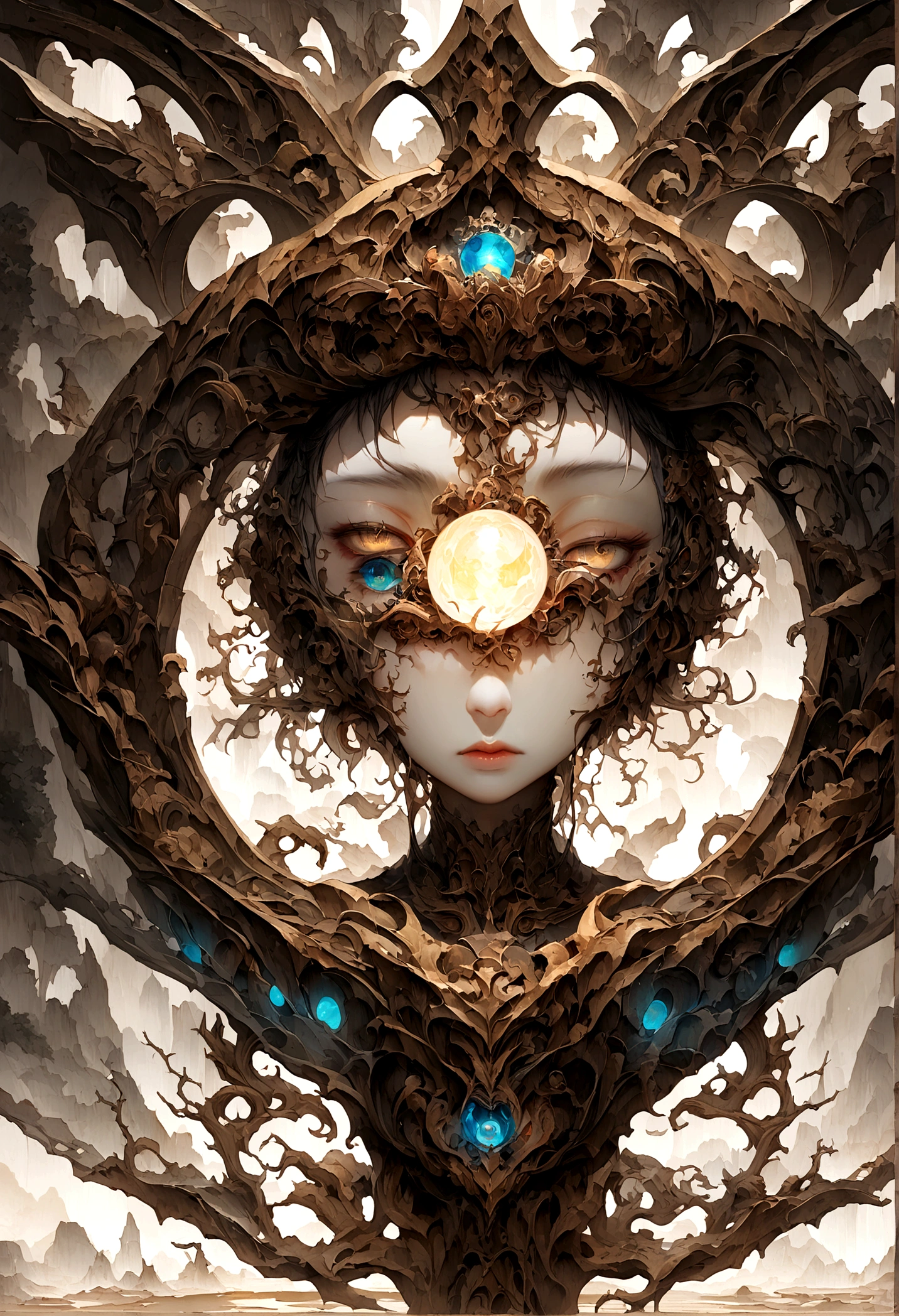 Close-up of faces，The background is a cave in the rock，A young boy，A spherical glowing object in front of you，Emits a big white light，Chinese style，Immortal World，Xianxia World