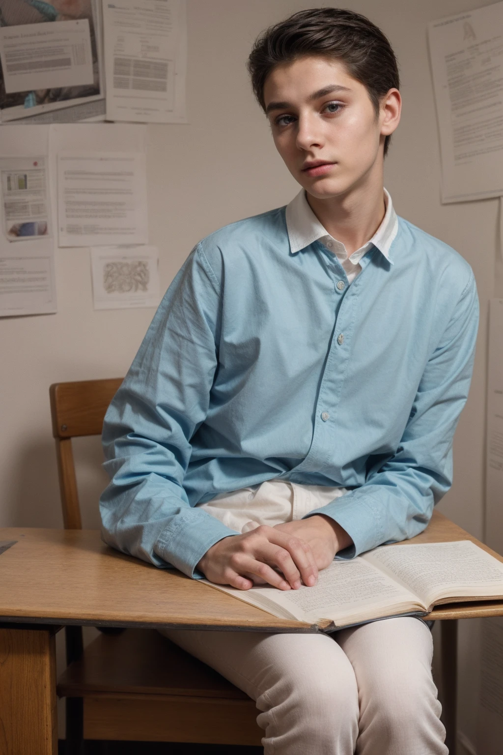 A young male twink boy, cute, beautiful, feminine, with a beautiful face with makeup, black hair, and his eyes have dark circles under them. He is wearing a long-sleeved aquamarine shirt and white jeans. He is in the College of Medicine, studying on the blackboard with brain anatomy written on it. He is sitting at a desk with scientific books on it. Medical and brain anatomy manuscripts