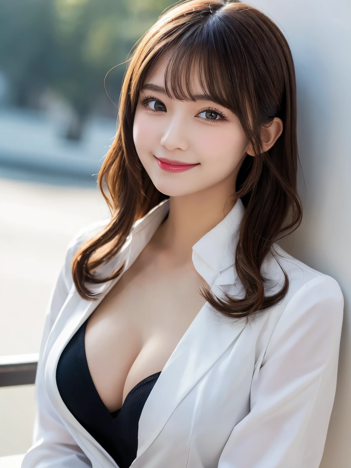 Tabletop, Highest quality, shape, Very detailed, In detail, High resolution, 8k wallpaper, Perfect dynamic composition, Beautiful details, White Magic Academy Uniform, Natural Lip, , Exposing the ，Asymmetrical Wave Hairstyle, smile, White Background